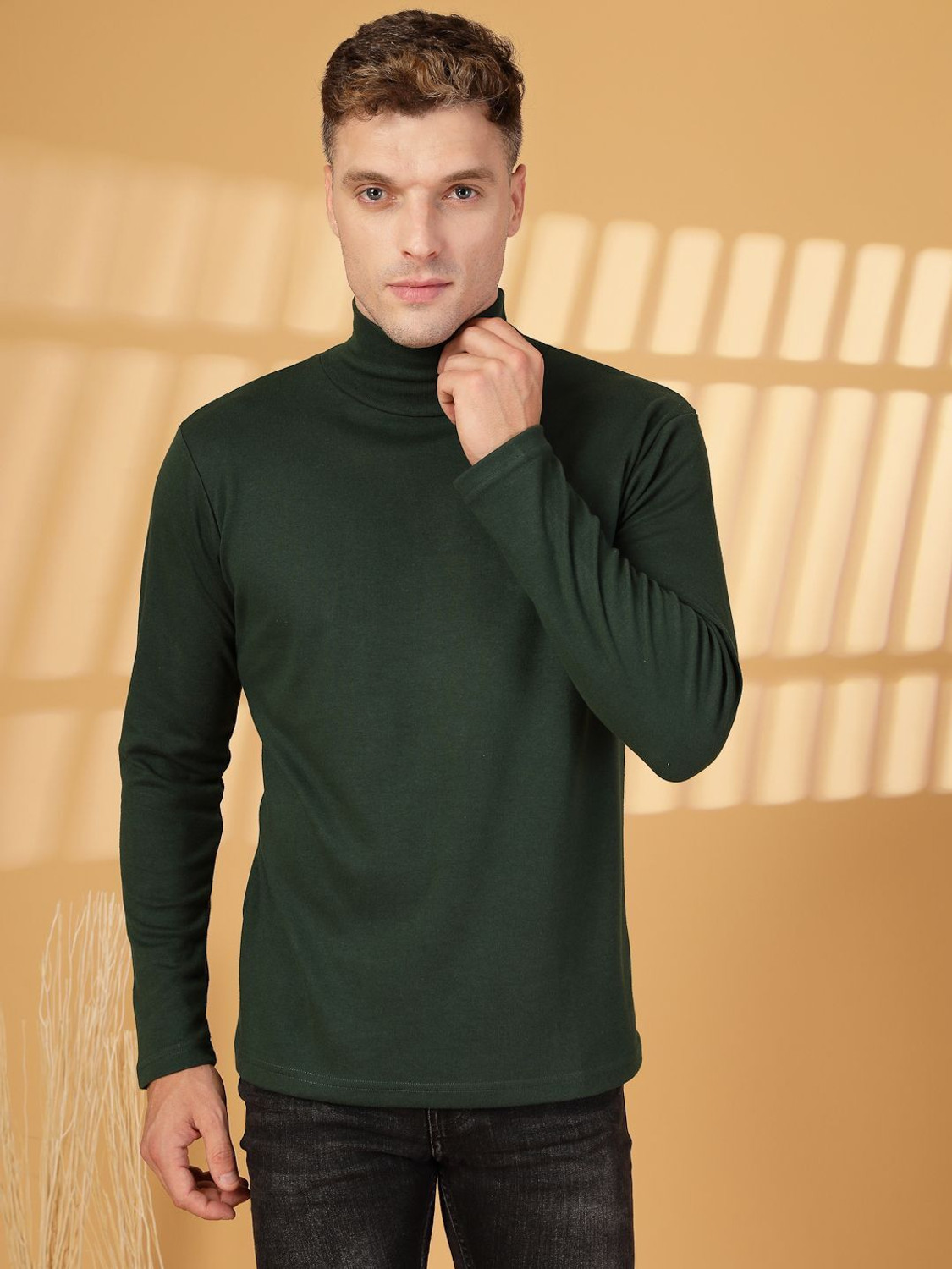 Image of CHKOKKO Solid Men High Neck Green T-Shirt