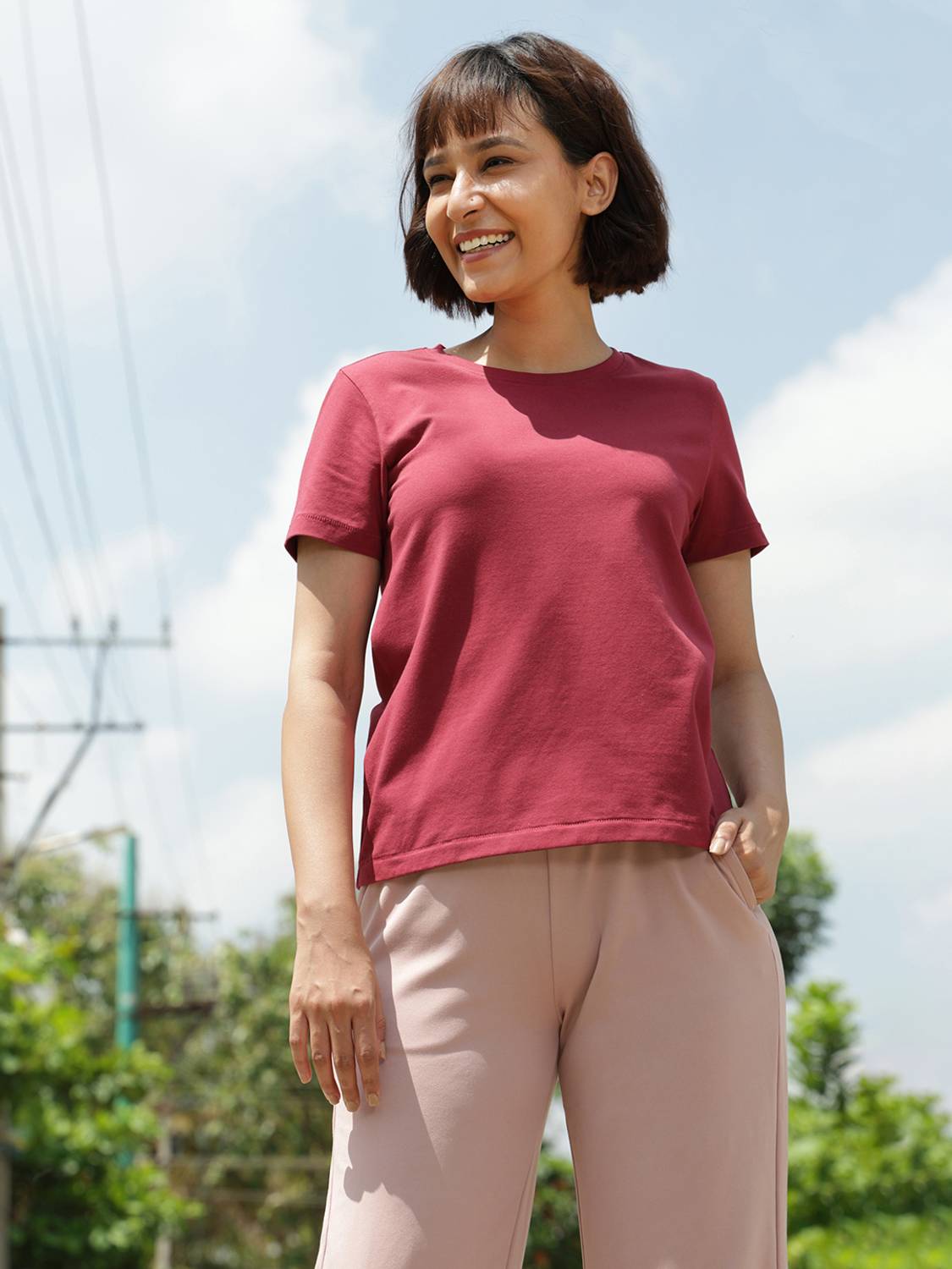 BlissClub Solid Women Round Neck Maroon T-Shirt