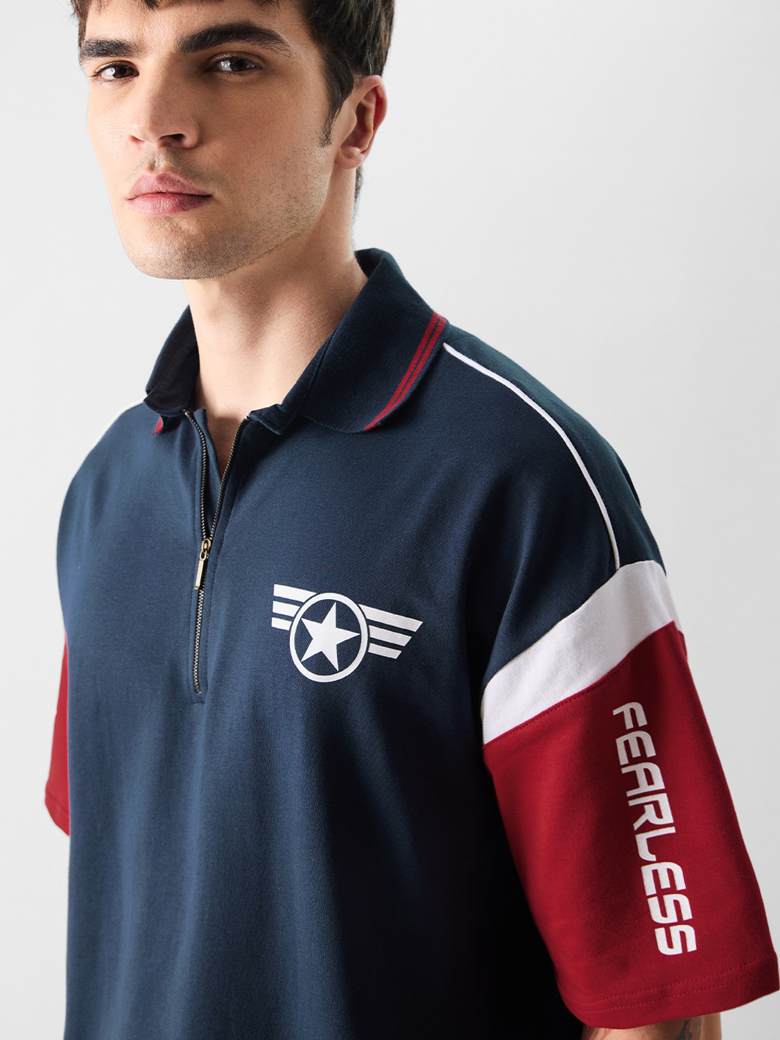 Image of The Souled Store Graphic Print Men Polo Neck Navy Blue T-Shirt