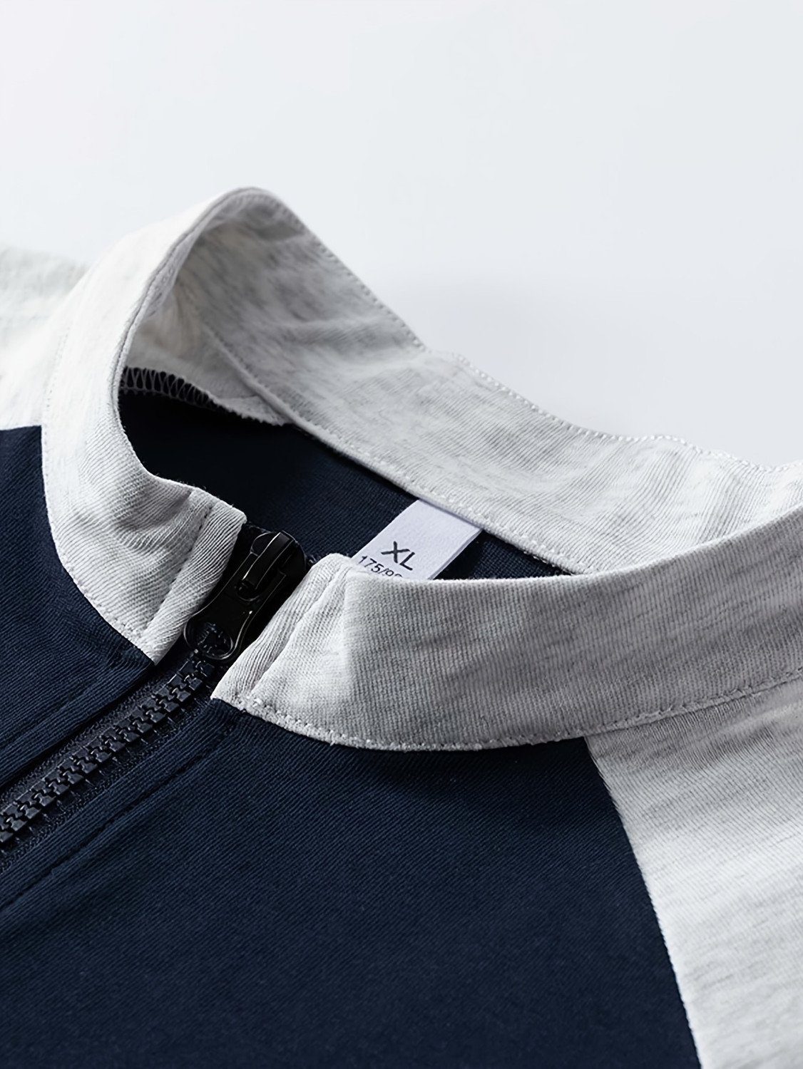 Image of JERKYN Colorblock, Striped Men Mandarin Collar Dark Blue T-Shirt