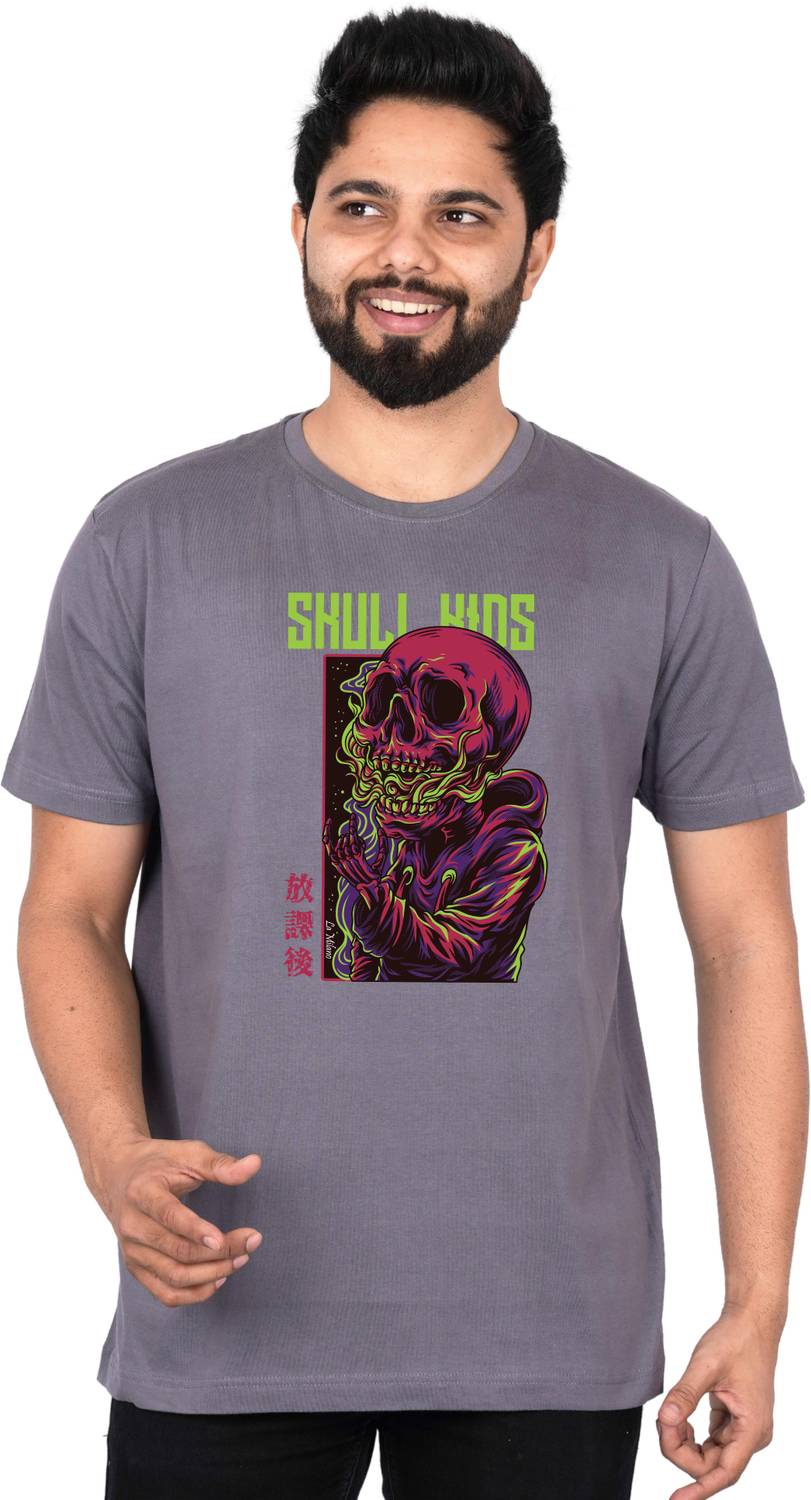 La Milano Men Graphic Print Round Neck Pure Cotton Grey T-Shirt