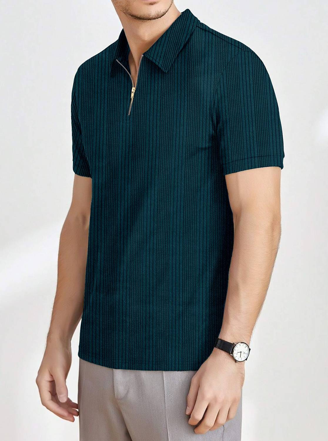 KAJARU Men Zip Neck Dark Green T-Shirt - Image 3