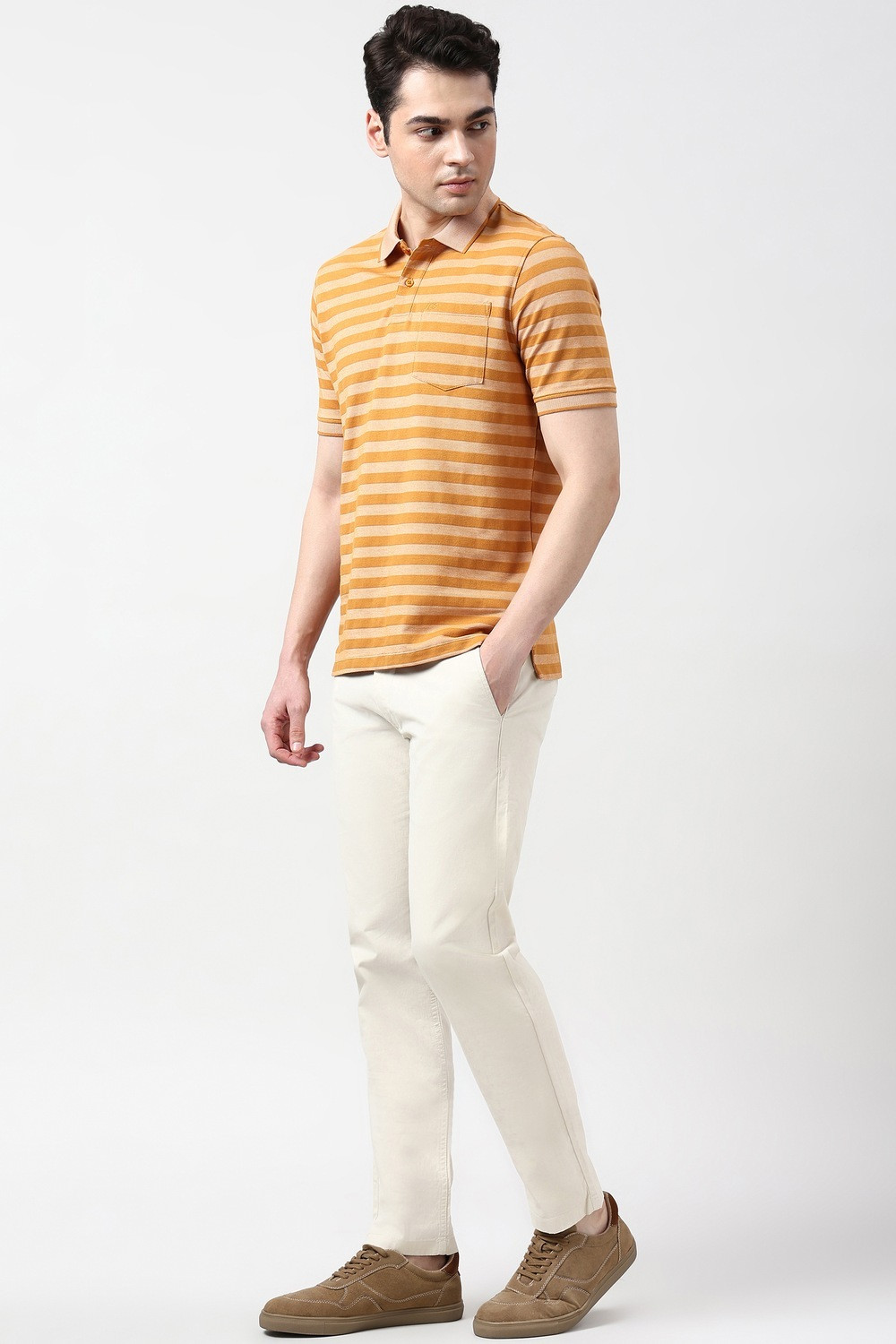 Image of PETER ENGLAND Striped Men Polo Neck Orange T-Shirt