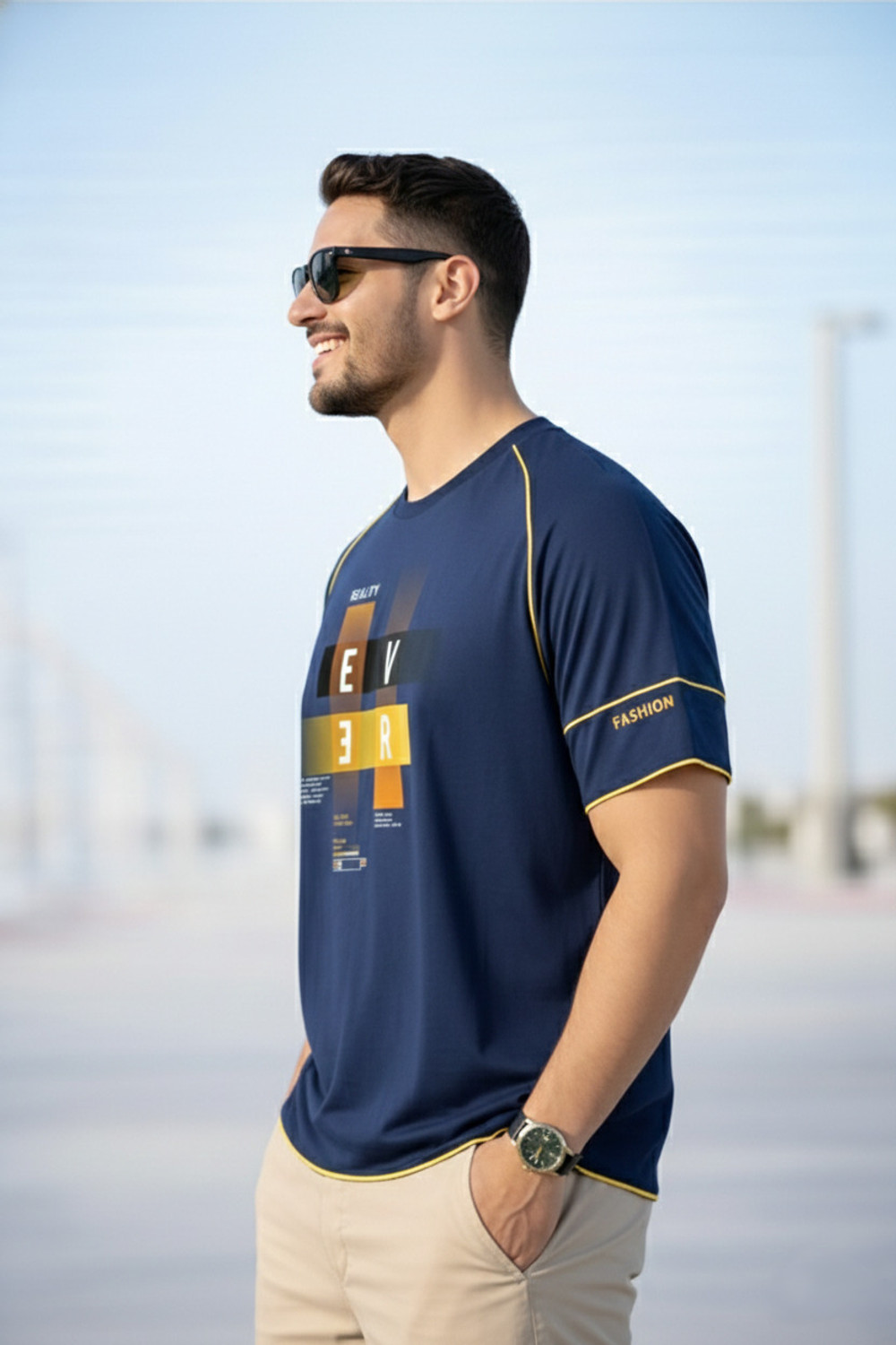 Image of Reya Printed Men Round Neck Navy Blue T-Shirt