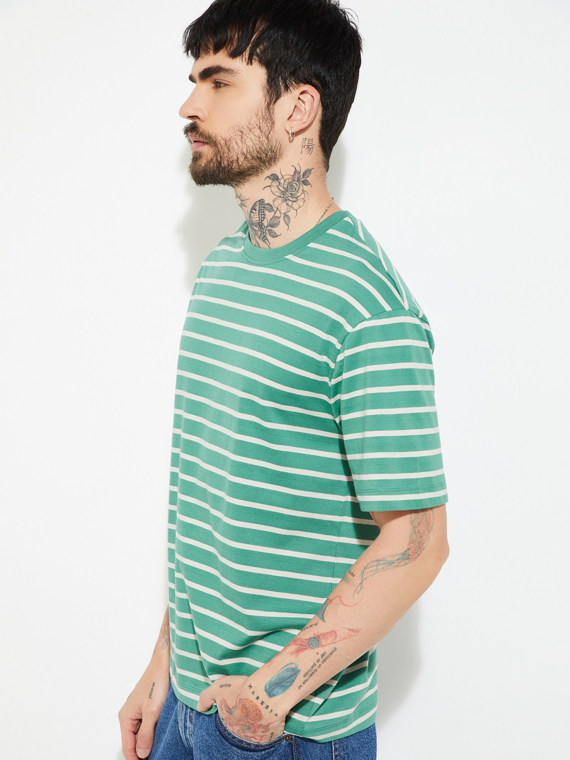 Image of MAX Striped Men Round Neck Green T-Shirt