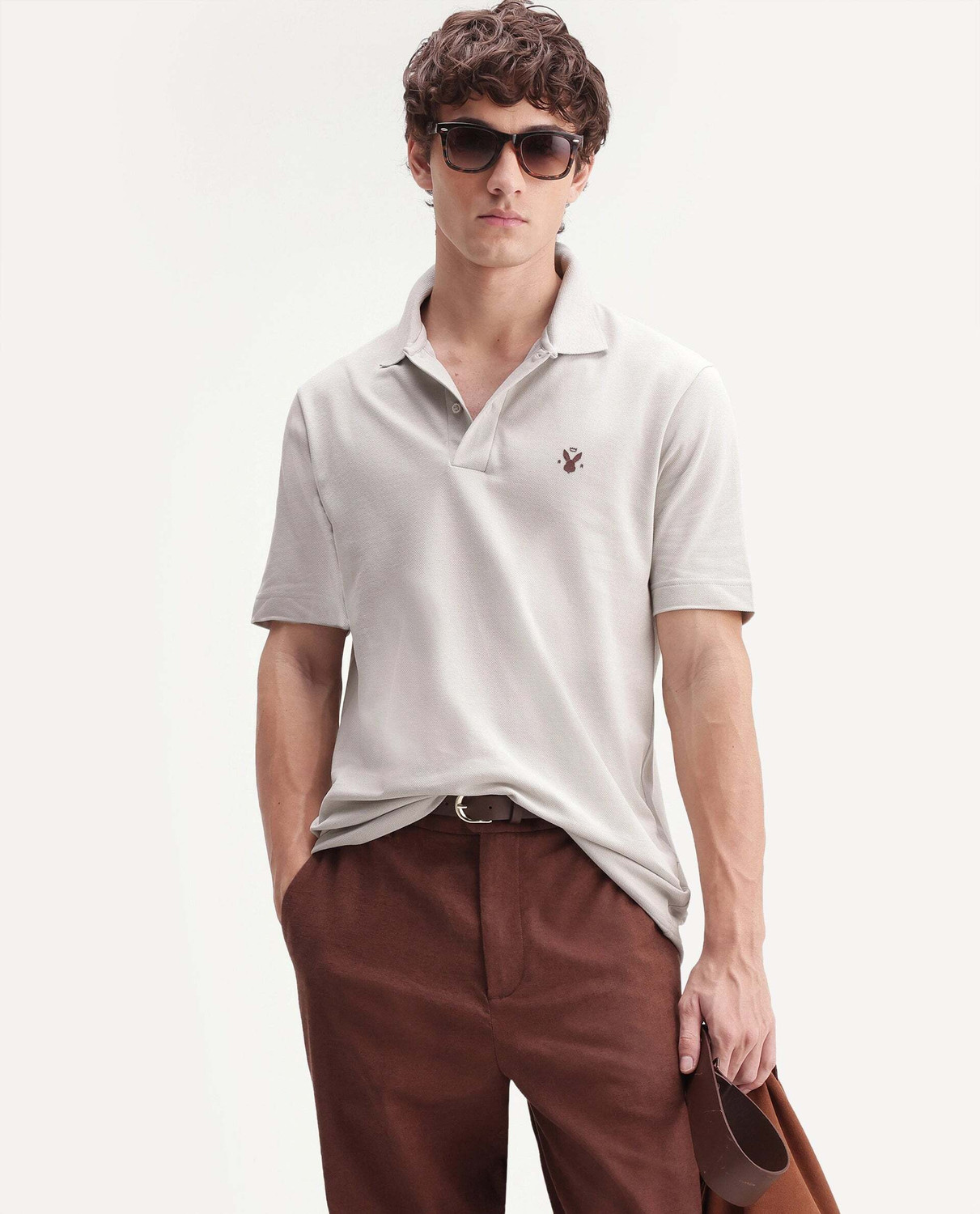 Image of RARE RABBIT Solid Men Mandarin Collar Grey T-Shirt