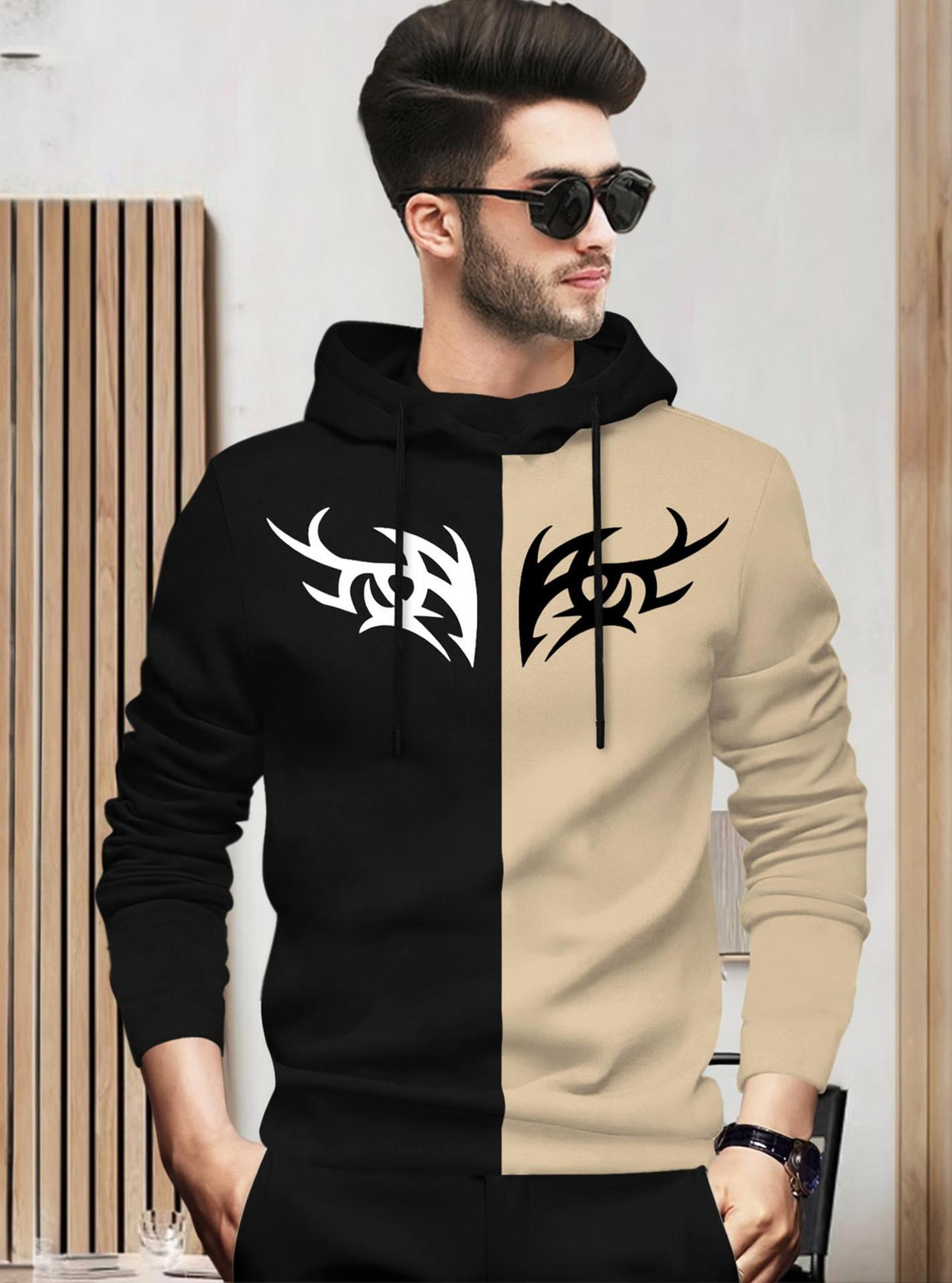 Image of BLIVE Printed Men Hooded Neck Black, Beige T-Shirt