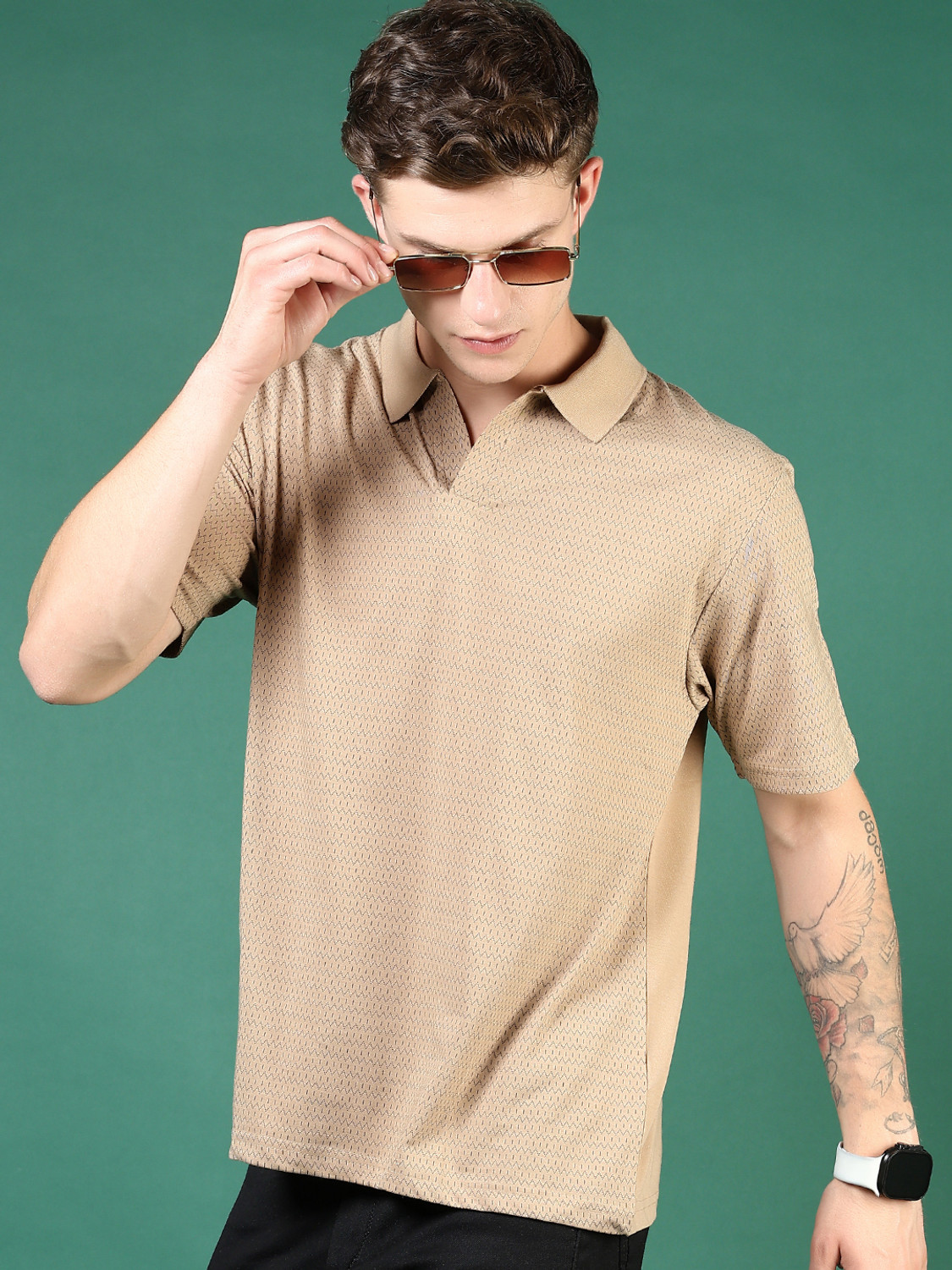 Image of V-MART Self Design Men Polo Neck Beige T-Shirt