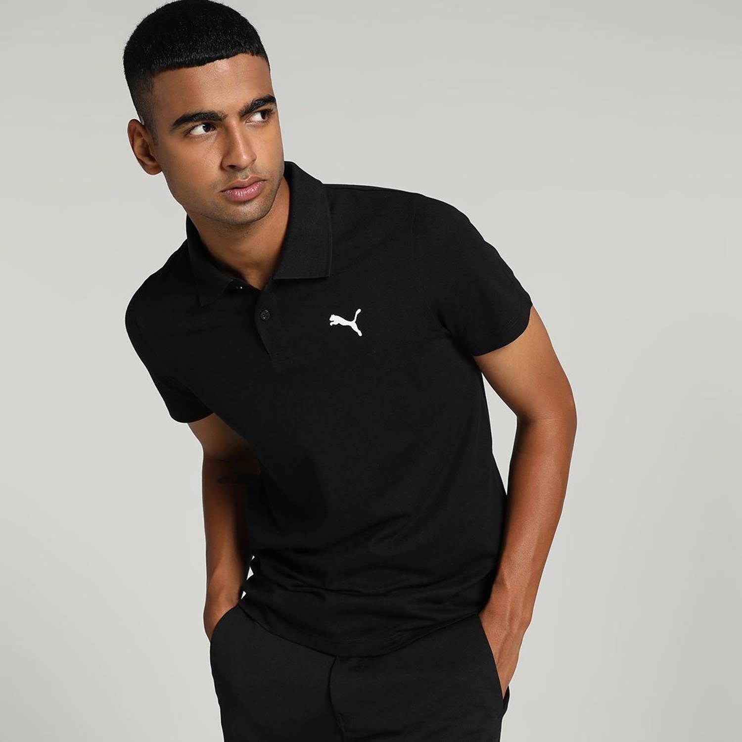 PUMA ESS Logo M Men Solid Polo Neck Pure Cotton Black T-Shirt