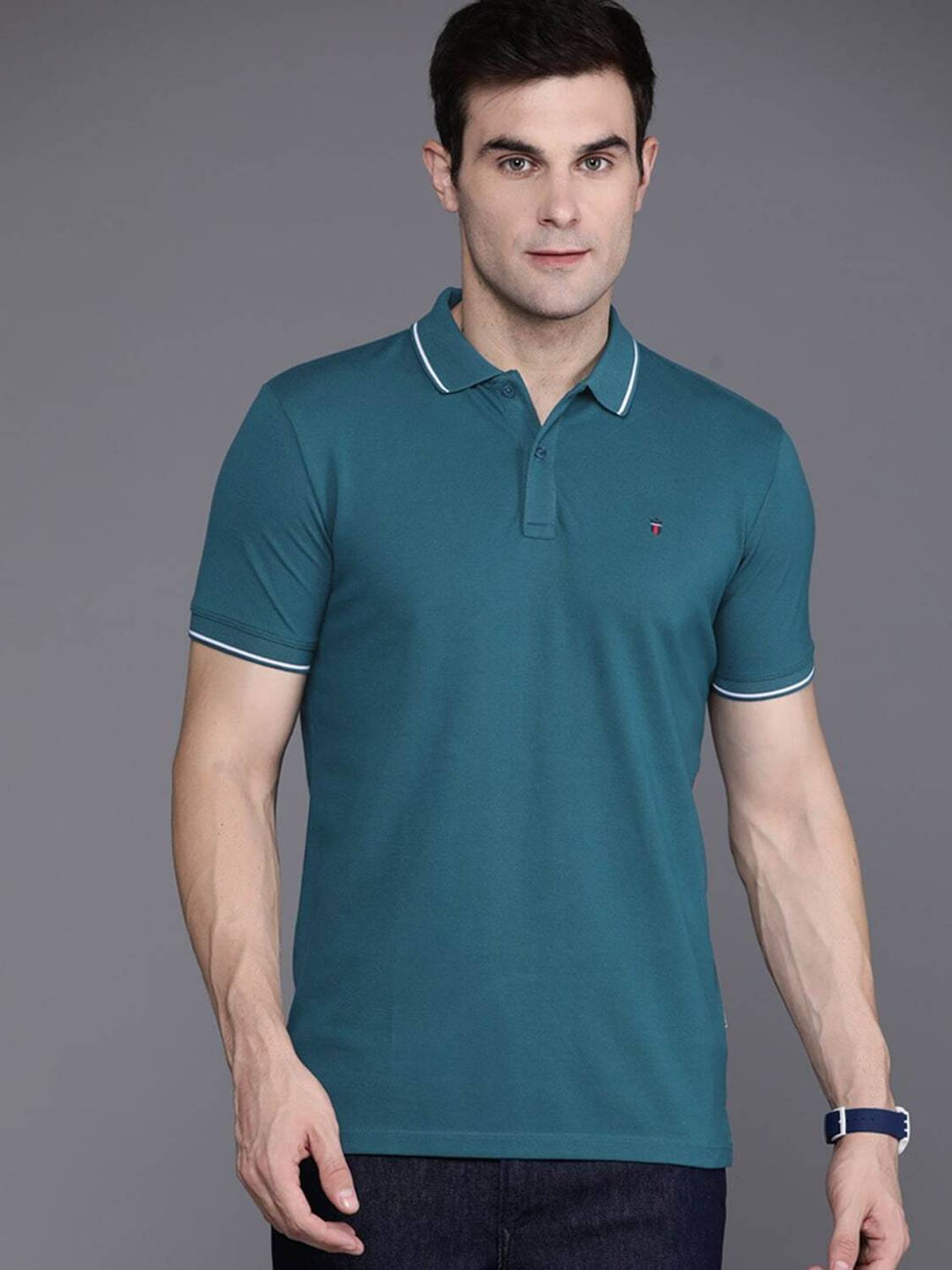 Louis Philippe Jeans Slim Fit Casual Men Solid Polo Neck Pure Cot