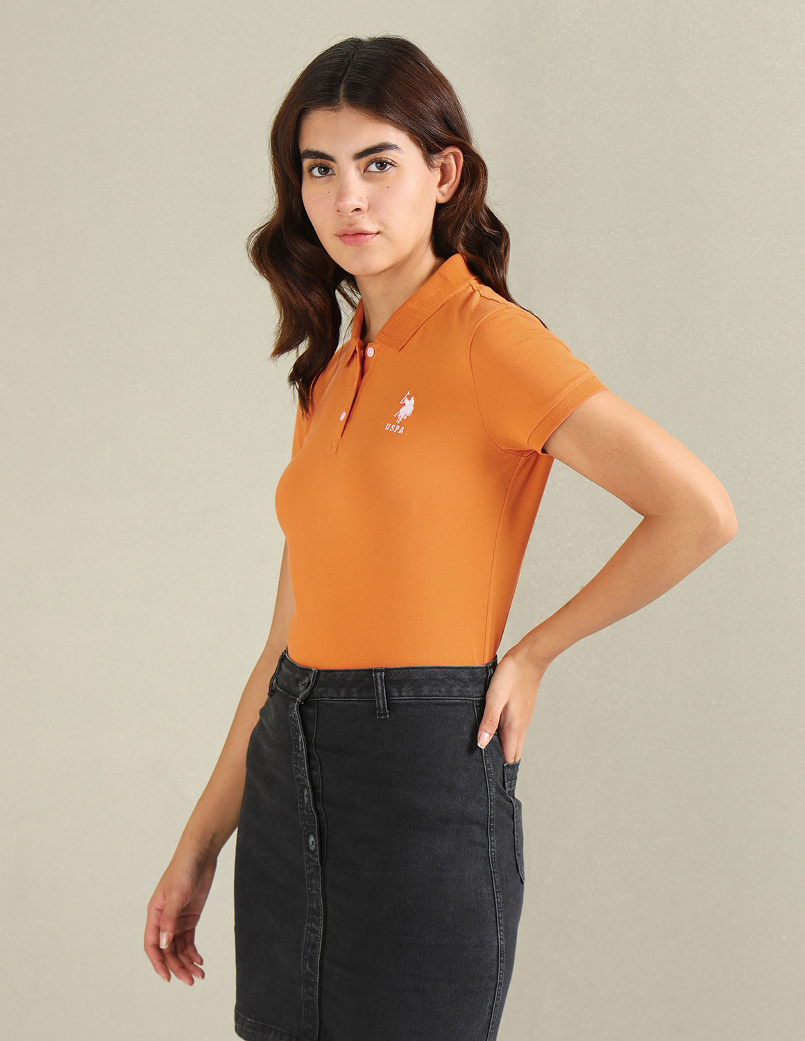 Image of U.S. POLO ASSN. Solid Women Polo Neck Yellow T-Shirt