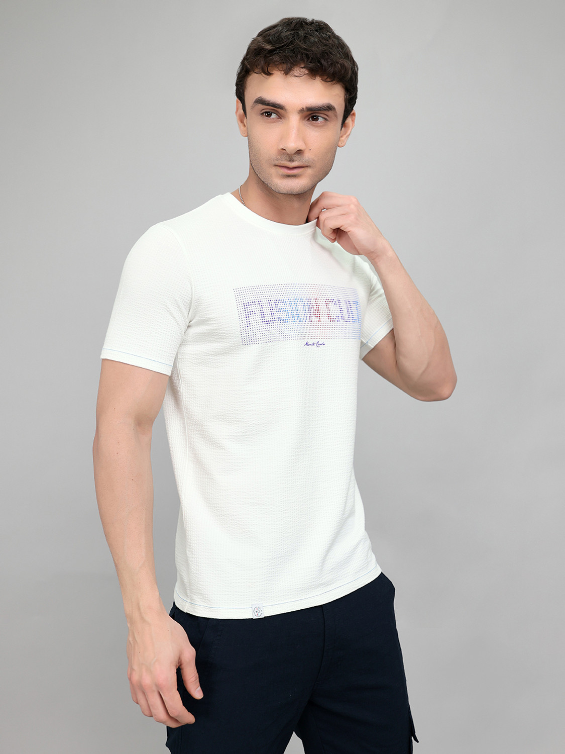 Image of MONTE CARLO Printed Men Round Neck White T-Shirt