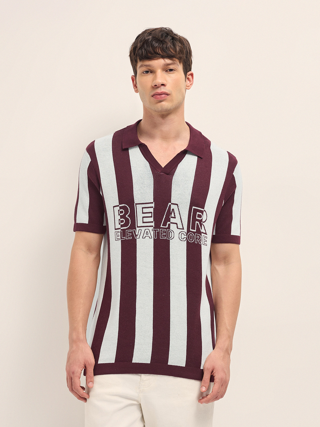 Image of THE BEAR HOUSE Striped Men Polo Neck Maroon T-Shirt
