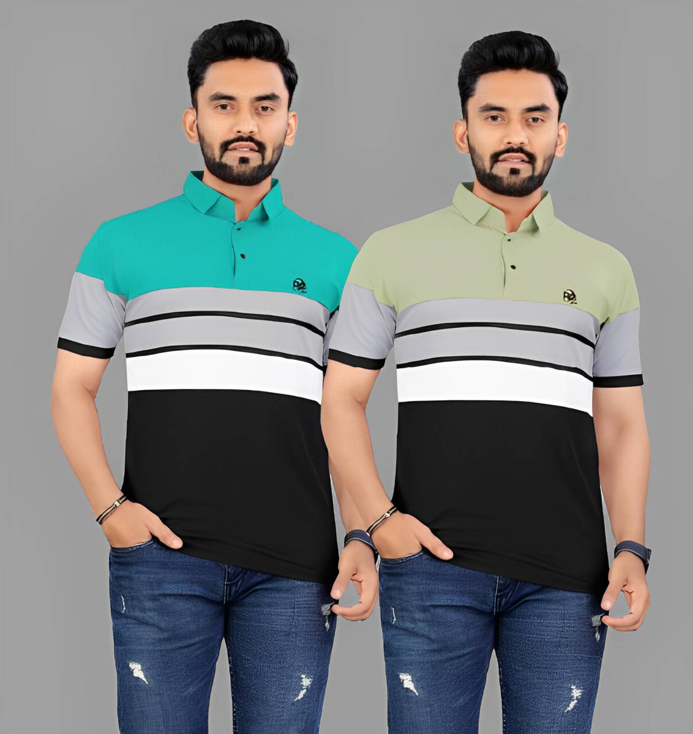 rggarment Pack of 2 Men Printed Polo Neck Cotton Blend Green, Mul