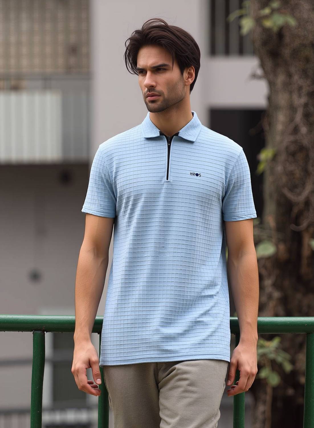 3BROS Men Self Design Polo Neck Polycotton Light Blue T-Shirt