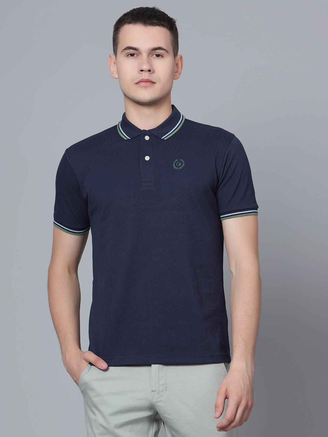 Image of CANTABIL Solid Men Polo Neck Dark Blue T-Shirt