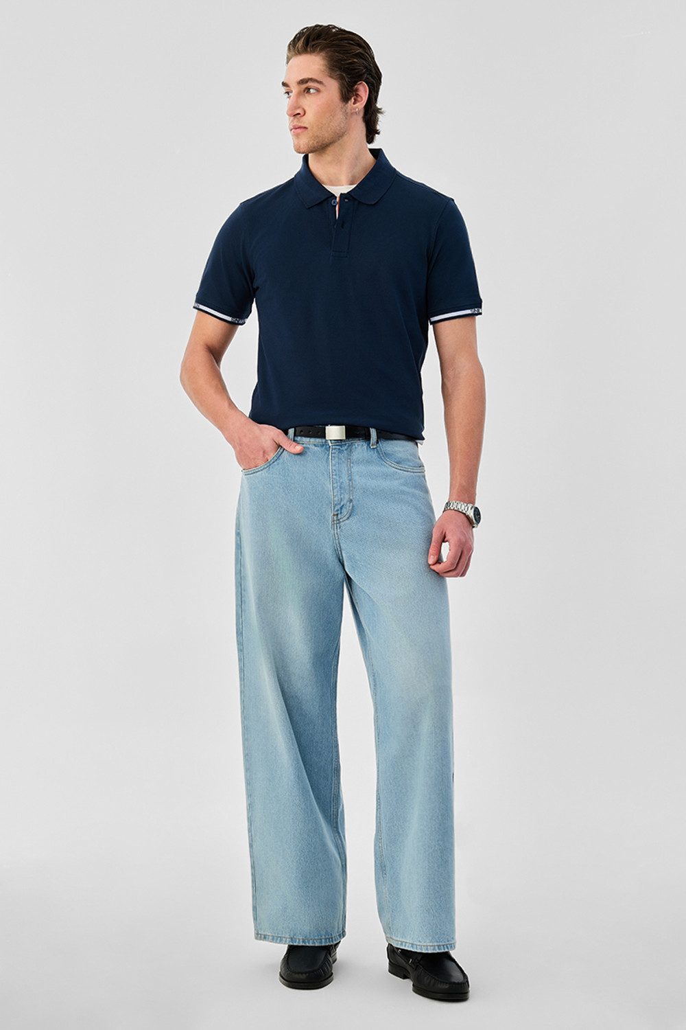 Image of Snitch Solid Men Polo Neck Navy Blue T-Shirt