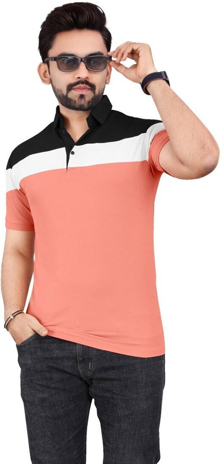 rggarment Men Colorblock Polo Neck Linen Blend Pink T-Shirt