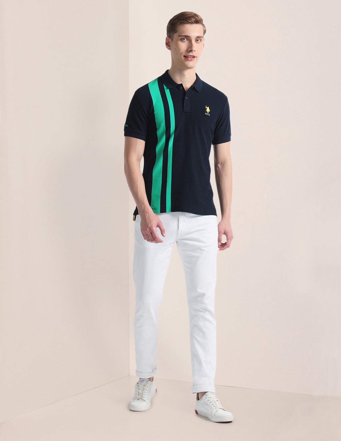 Image of U.S. POLO ASSN. Striped Men Polo Neck Blue T-Shirt