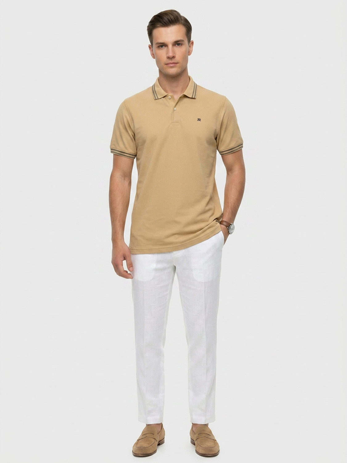 Image of Raymond Men Solid Polo Neck Pure Cotton Beige T-Shirt