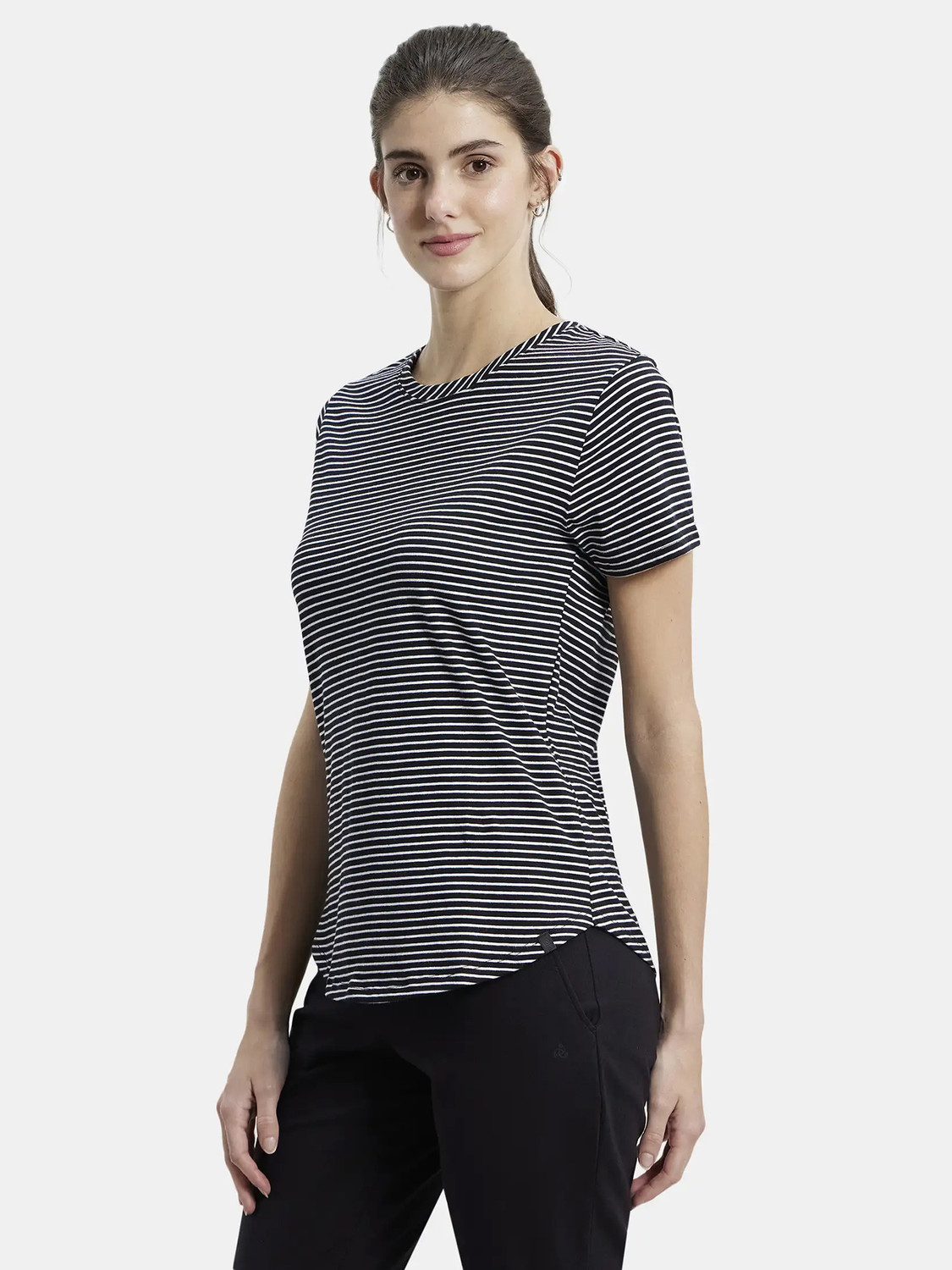 Image of JOCKEY Striped Women Round Neck Black T-Shirt