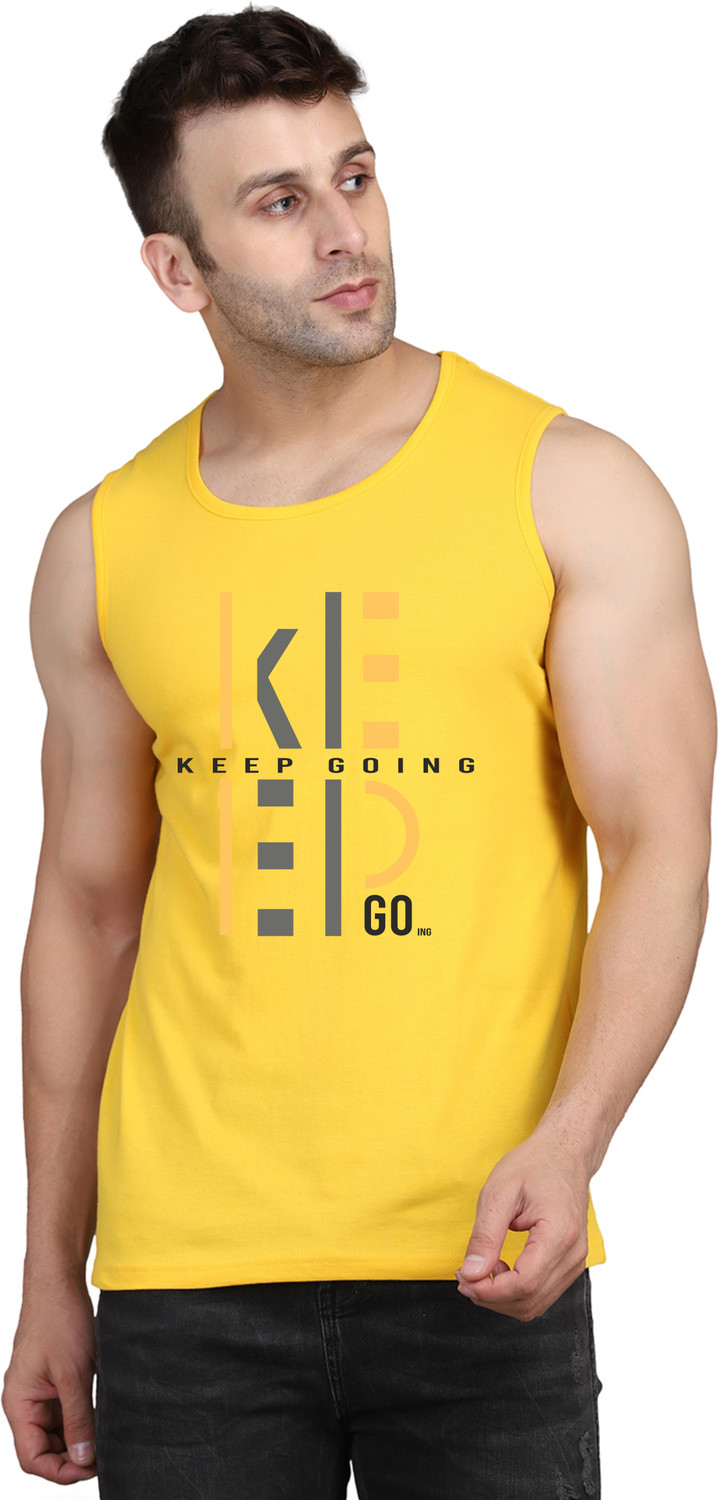 Image of SLOWLORIS Typography Men Round Neck Yellow T-Shirt