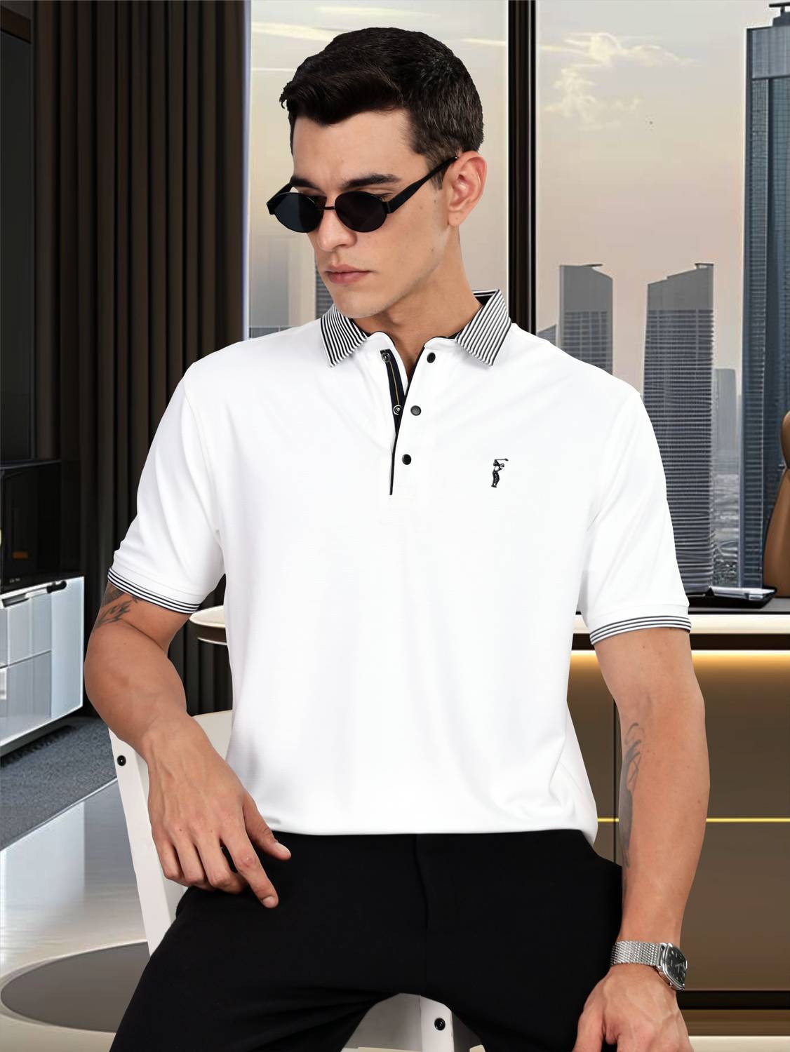 Stellers Men Solid Polo Neck Polyester White T-Shirt