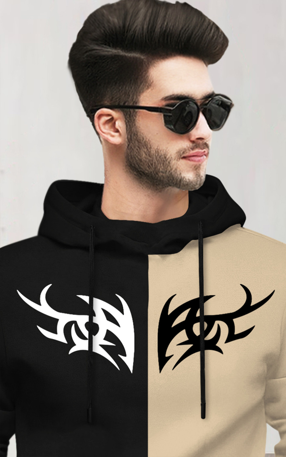 Image of BLIVE Printed Men Hooded Neck Black, Beige T-Shirt