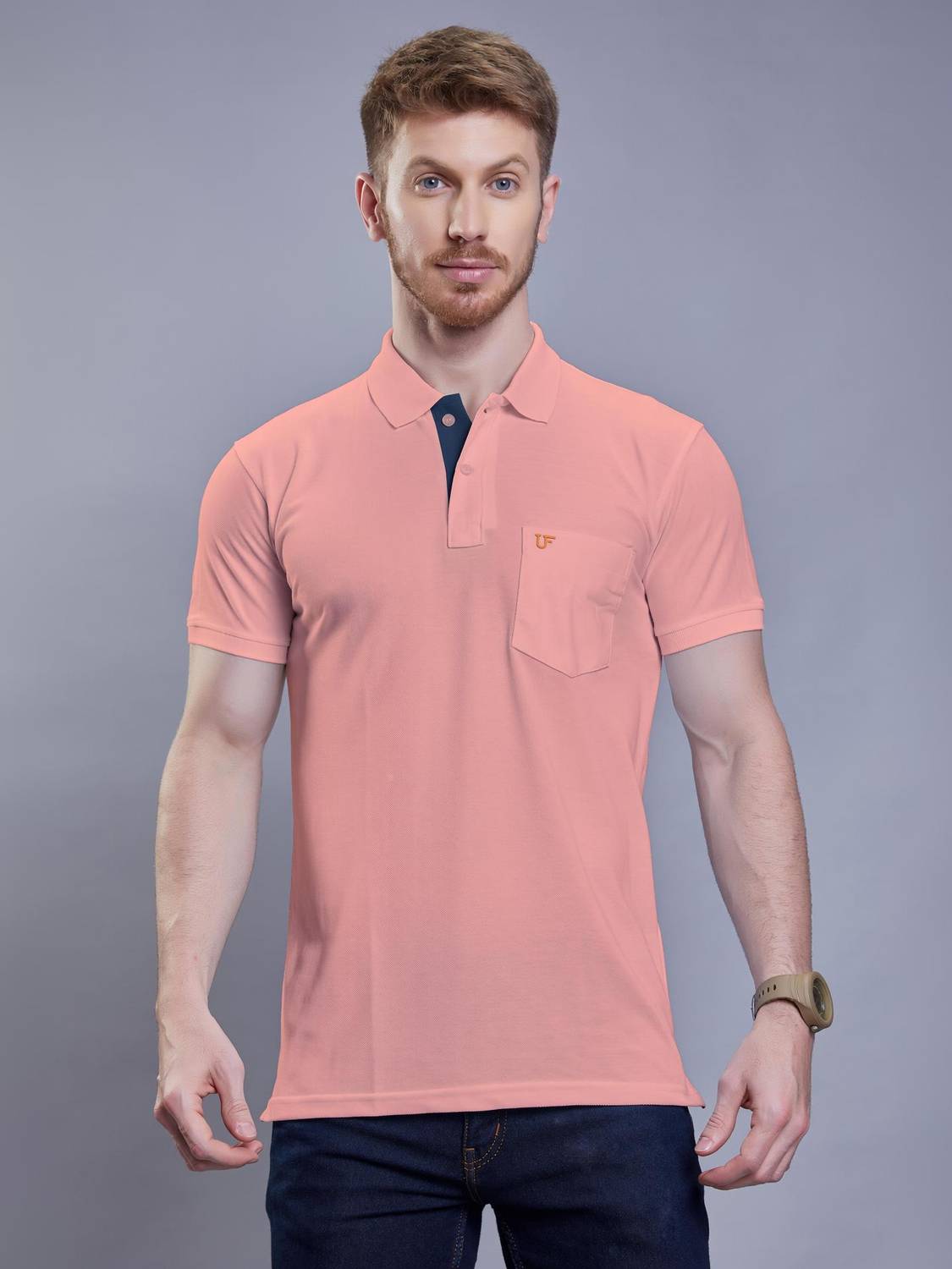 3BROS Solid Men Polo Neck Pink T-Shirt