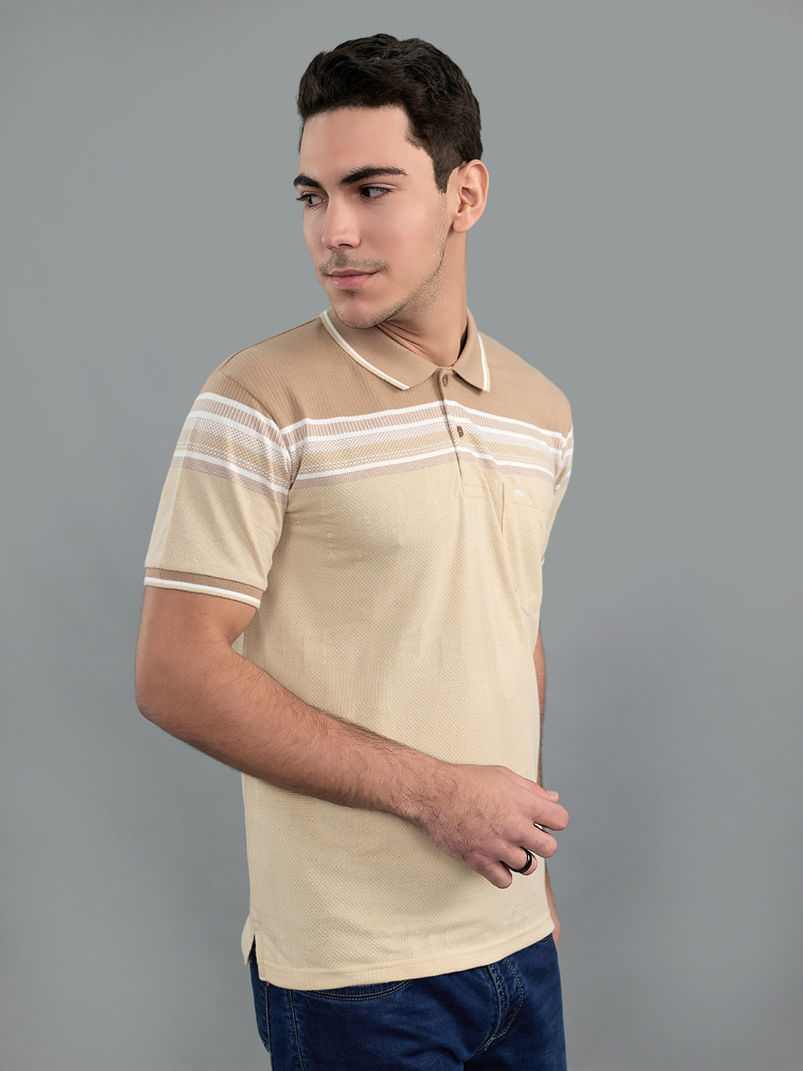 Image of MONTE CARLO Men Striped Polo Neck Cotton Blend Brown T-Shirt