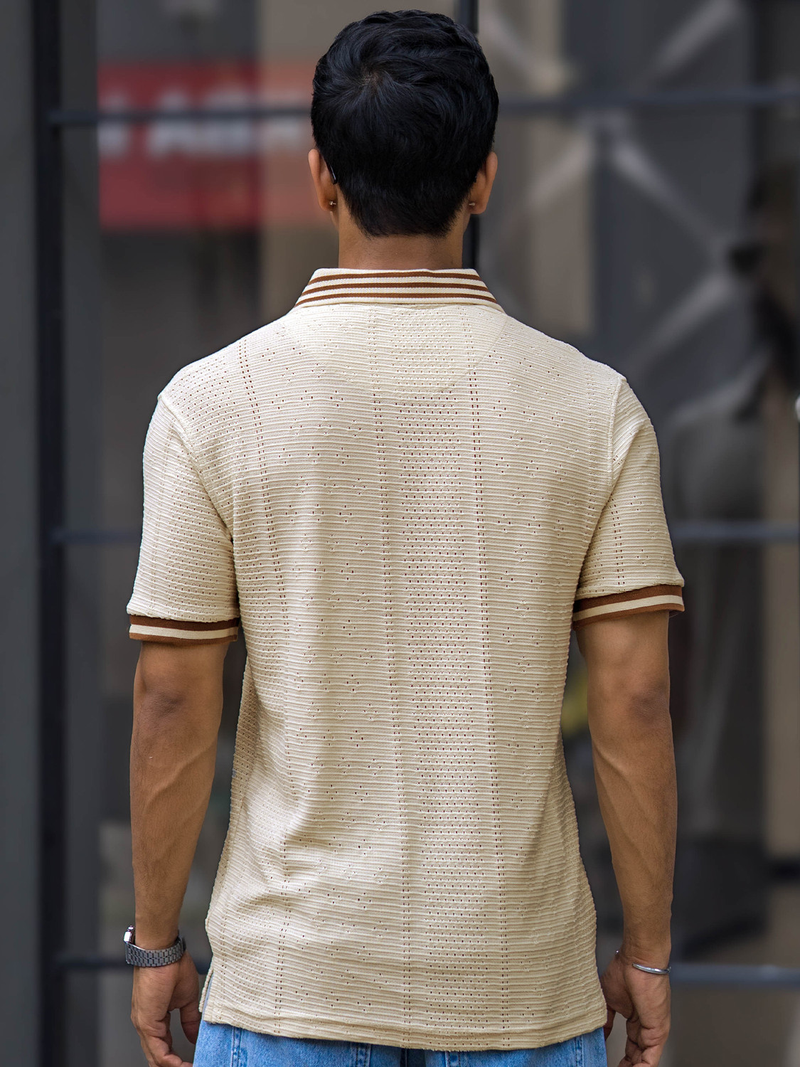 Image of MANIAC Self Design Men Polo Neck White T-Shirt