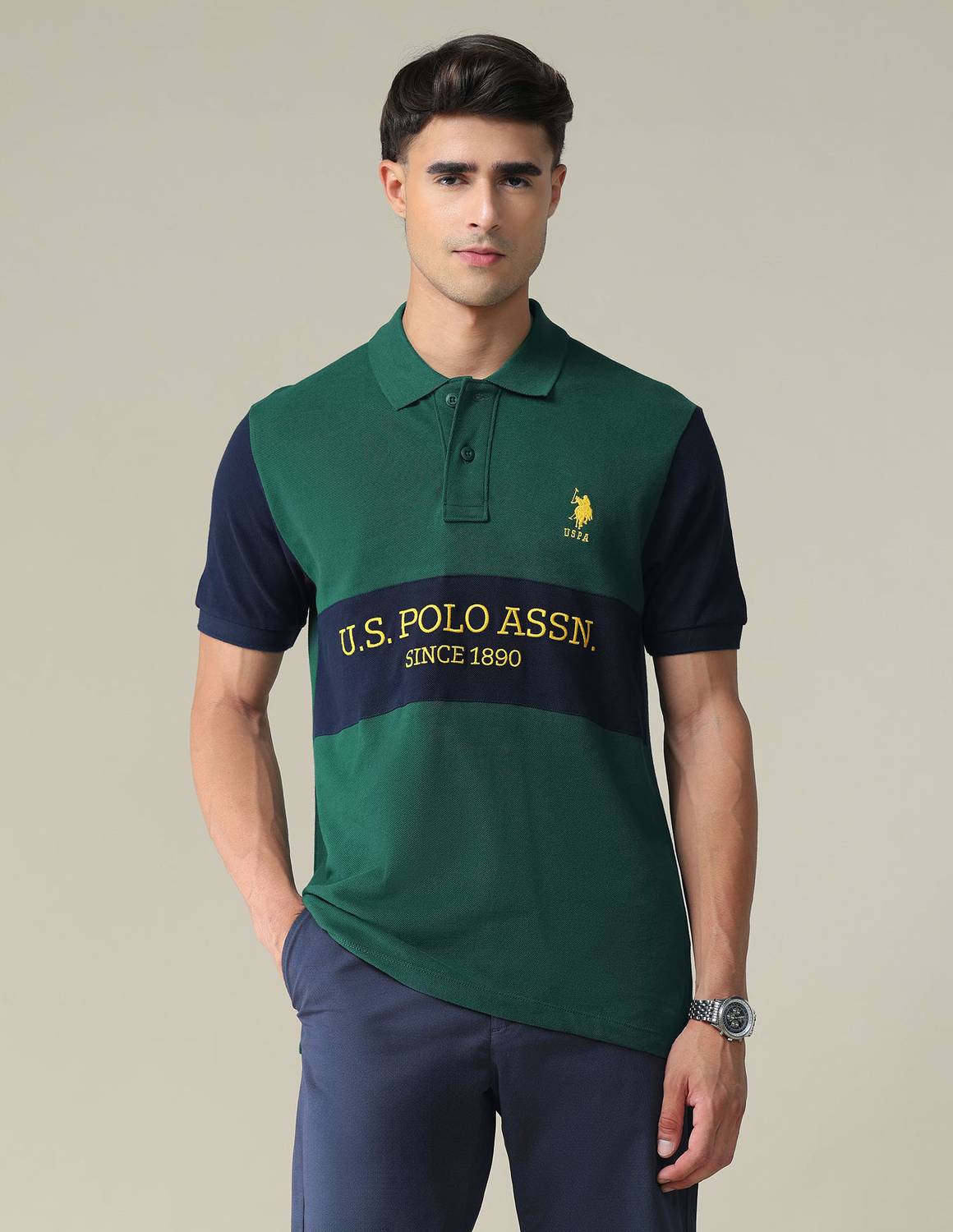 U.S. POLO ASSN. Men Colorblock Polo Neck Pure Cotton Green T-Shir