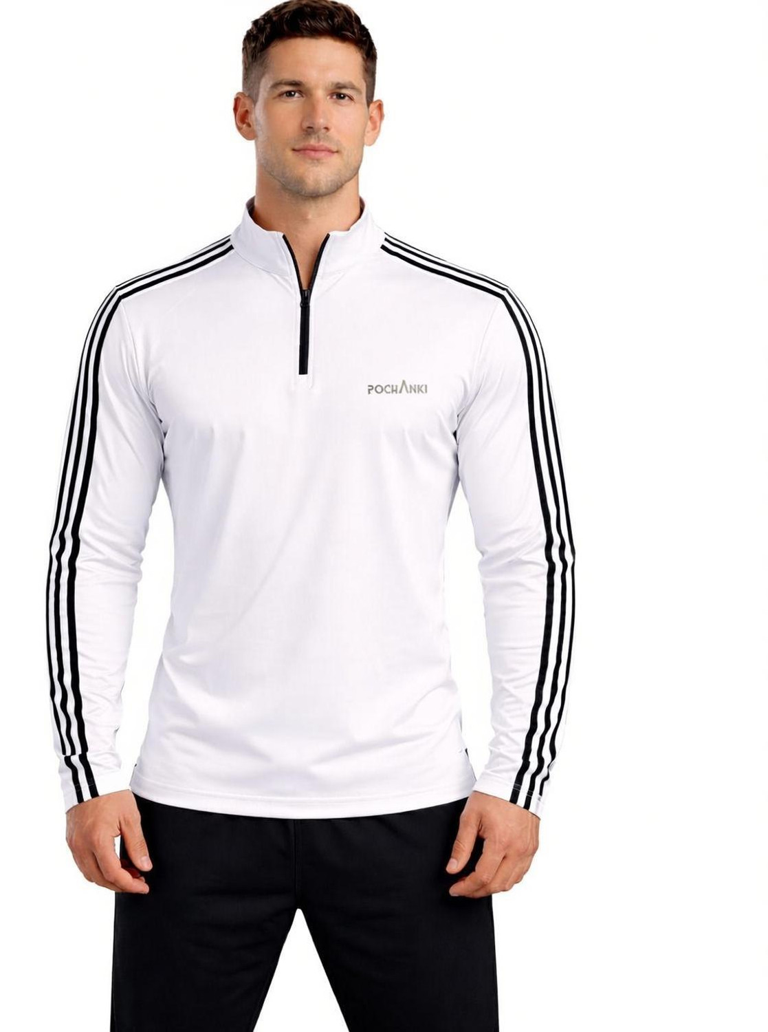 Image of Pochanki Striped Men Zip Neck White T-Shirt