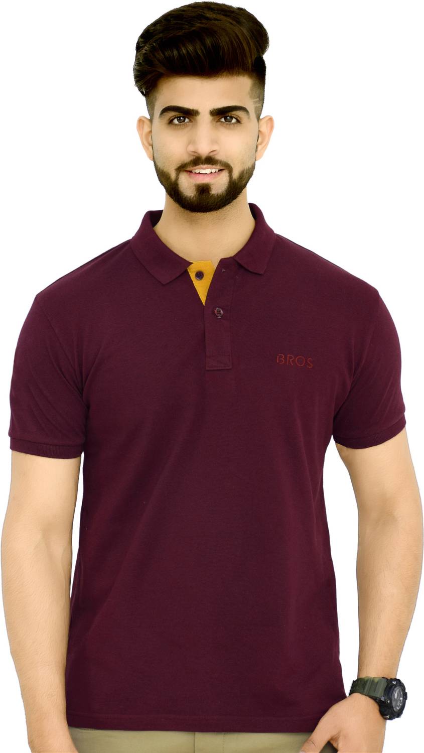 3BROS Men Solid Polo Neck Cotton Blend Maroon T-Shirt