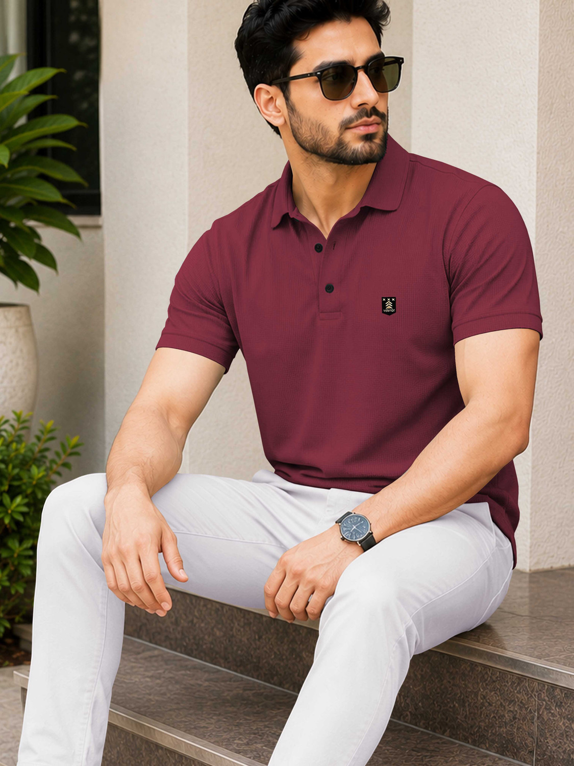 Image of VeBNoR Solid Men Polo Neck Maroon T-Shirt