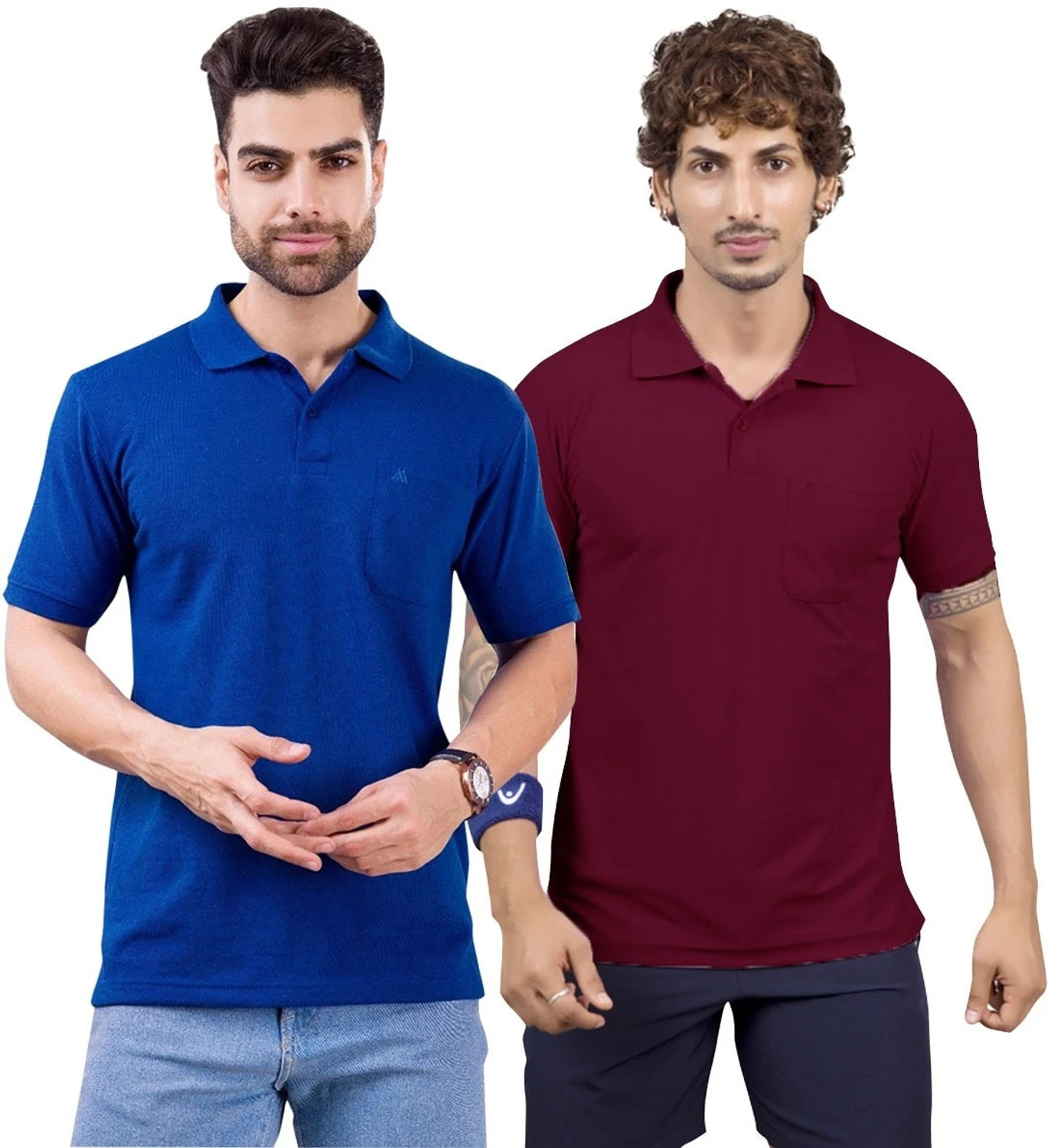 Image of M2HIT Solid Men Polo Neck Blue, Maroon T-Shirt