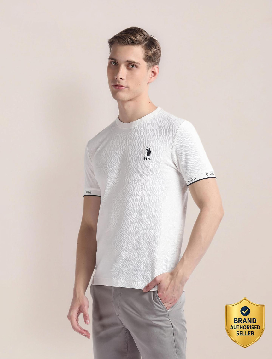 Image of U.S. POLO ASSN. Striped Men Round Neck White T-Shirt
