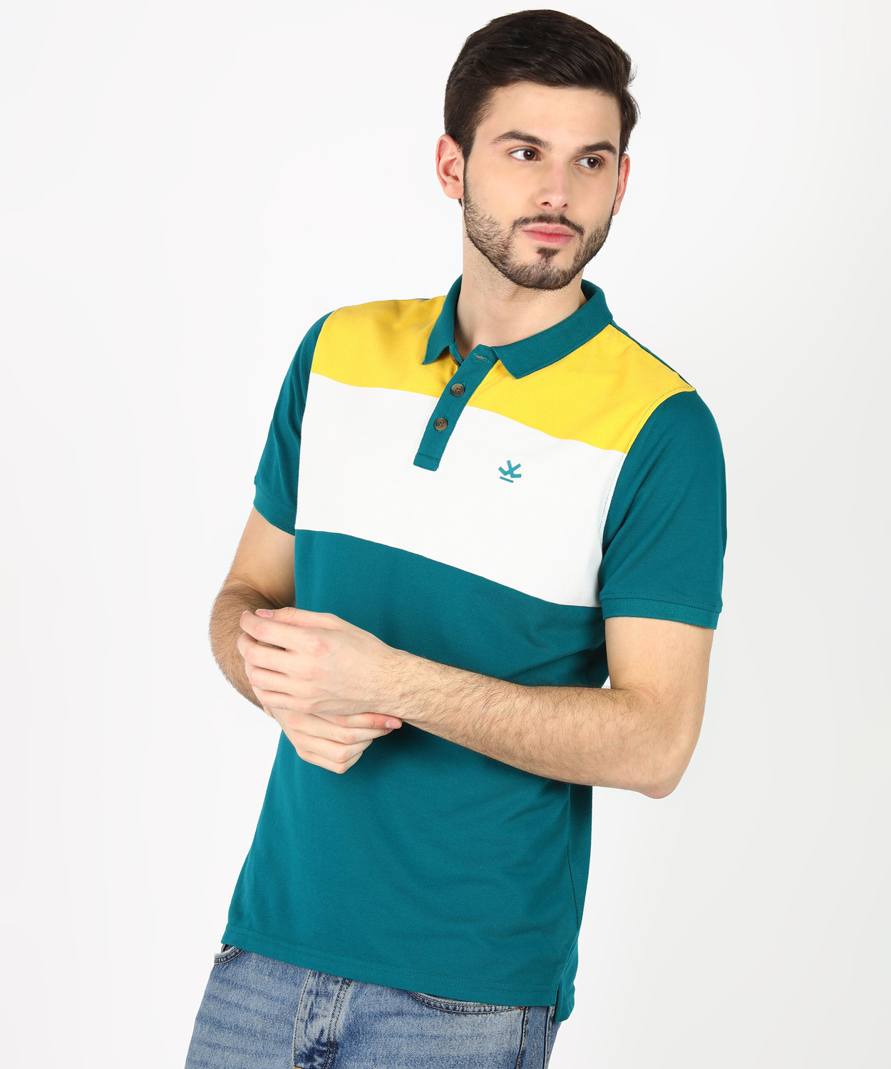 Image of WROGN Colorblock Men Polo Neck Dark Green T-Shirt
