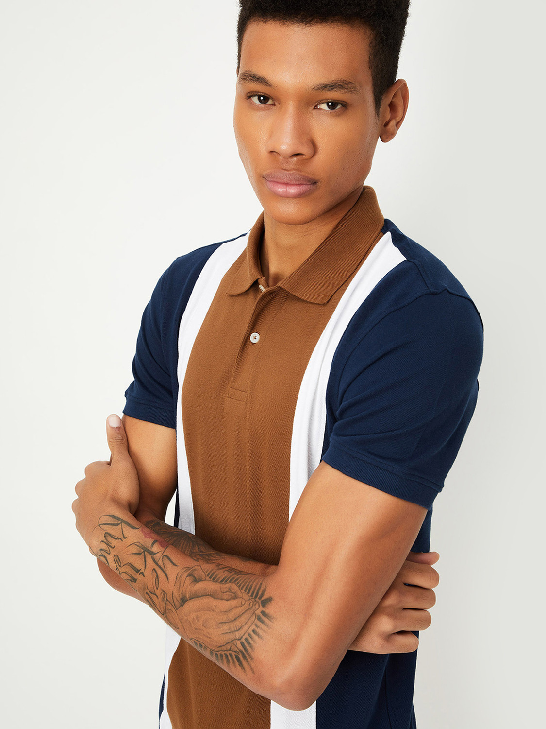 Image of MAX Striped Men Polo Neck Brown T-Shirt