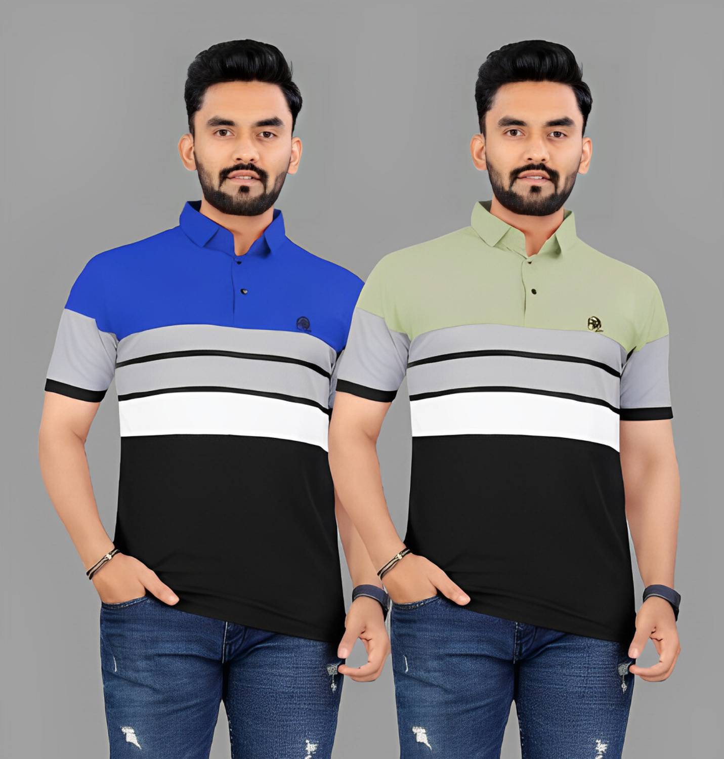 rggarment Pack of 2 Men Printed Polo Neck Cotton Blend Blue, Mult