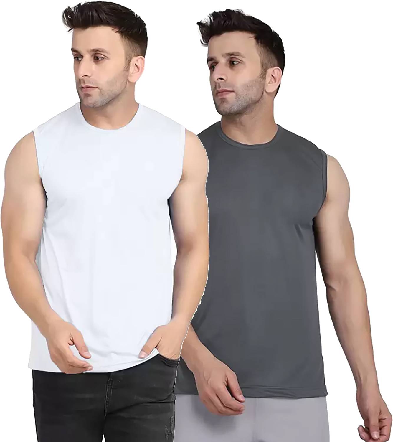Renowned Pack of 2 Men Solid Round Neck Polyester White, Grey T-S