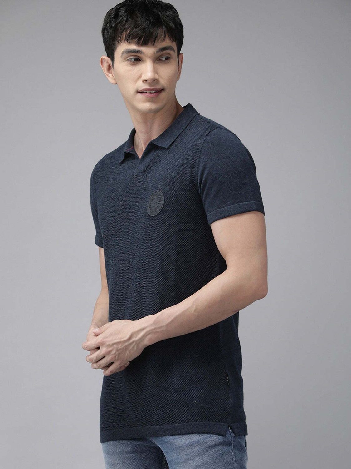 Image of THE BEAR HOUSE Self Design Men Polo Neck Blue T-Shirt