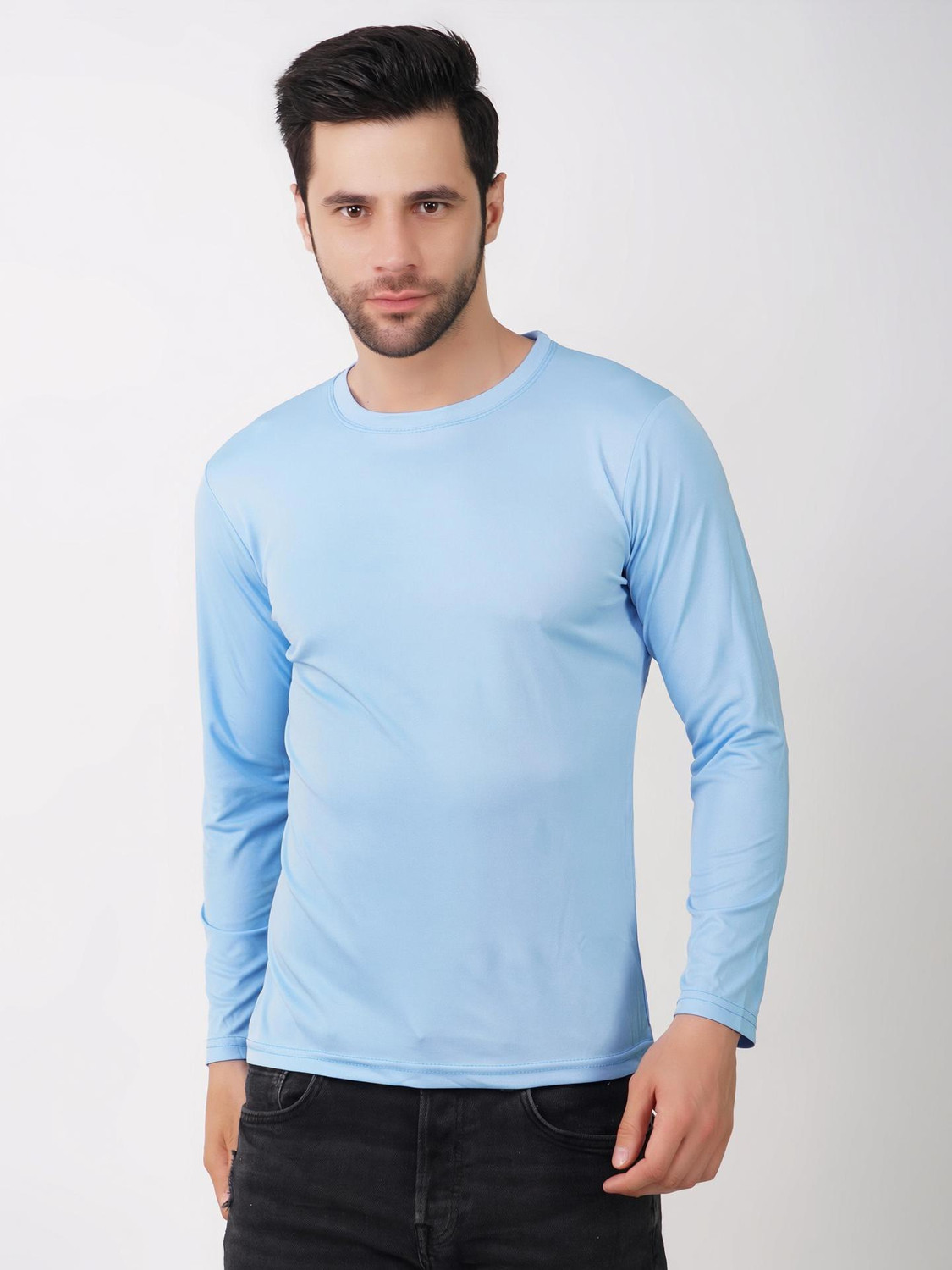 Image of KASPY Solid Men Round Neck Light Blue T-Shirt