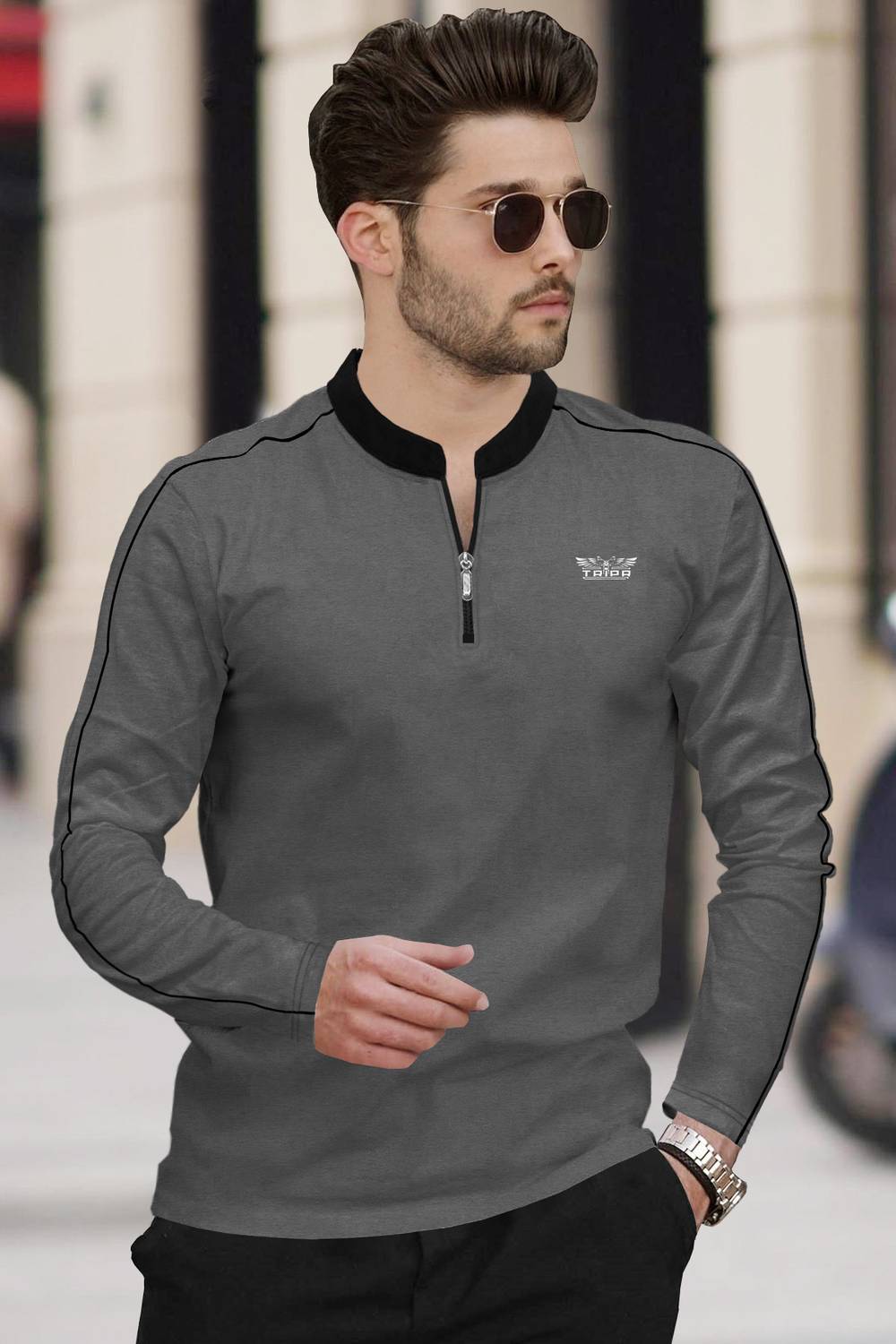 TRIPR Solid Men Mandarin Collar Grey, Black T-Shirt - Buy TRIPR