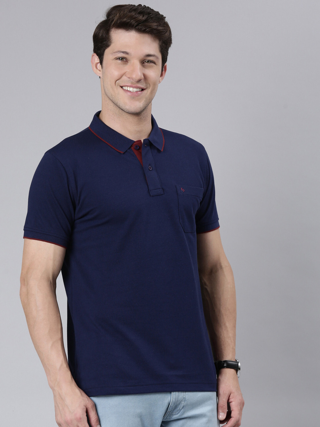 Image of Classic Polo Printed Men Polo Neck Dark Blue T-Shirt