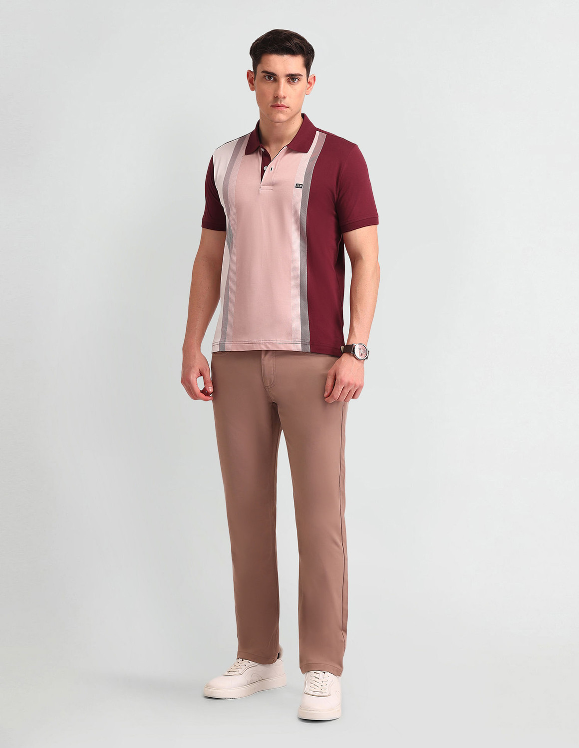 Image of Arrow Sport Striped Men Polo Neck Red, Pink T-Shirt