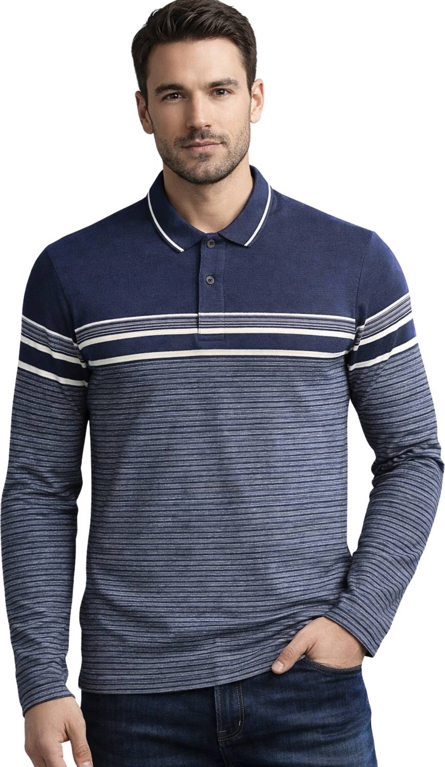 SANE ORIGINALS Men Striped Polo Neck Cotton Blend Navy Blue, Ligh