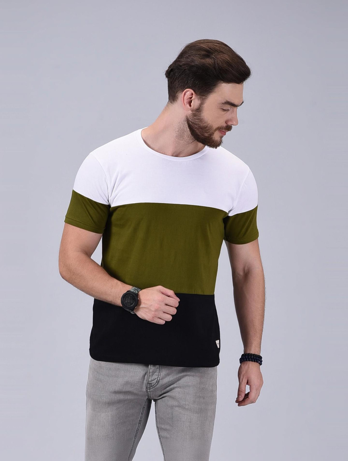 Image of Wrath Colorblock Men Round Neck Green, White, Black T-Shirt
