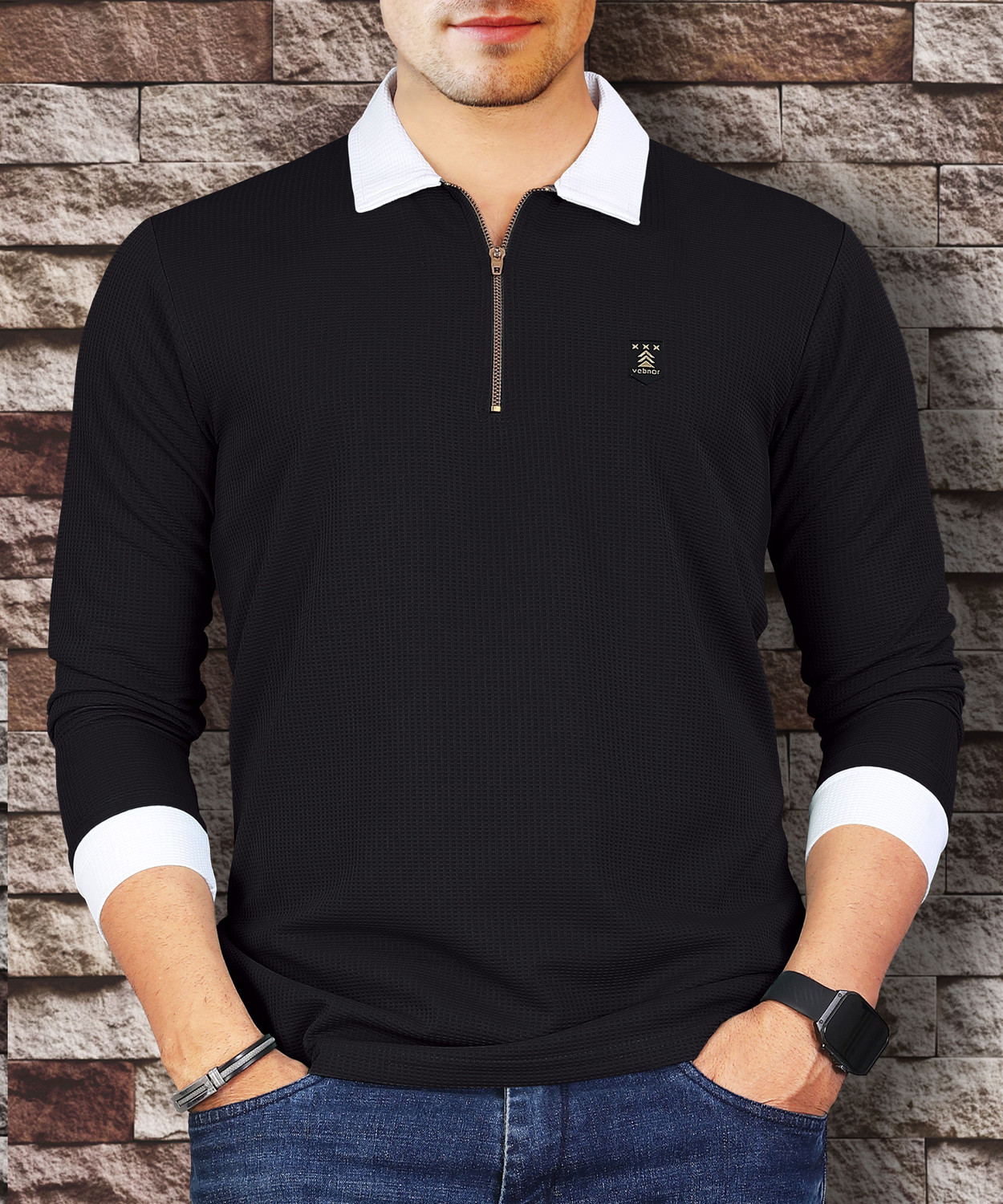 Image of VeBNoR Self Design Men Polo Neck Black T-Shirt