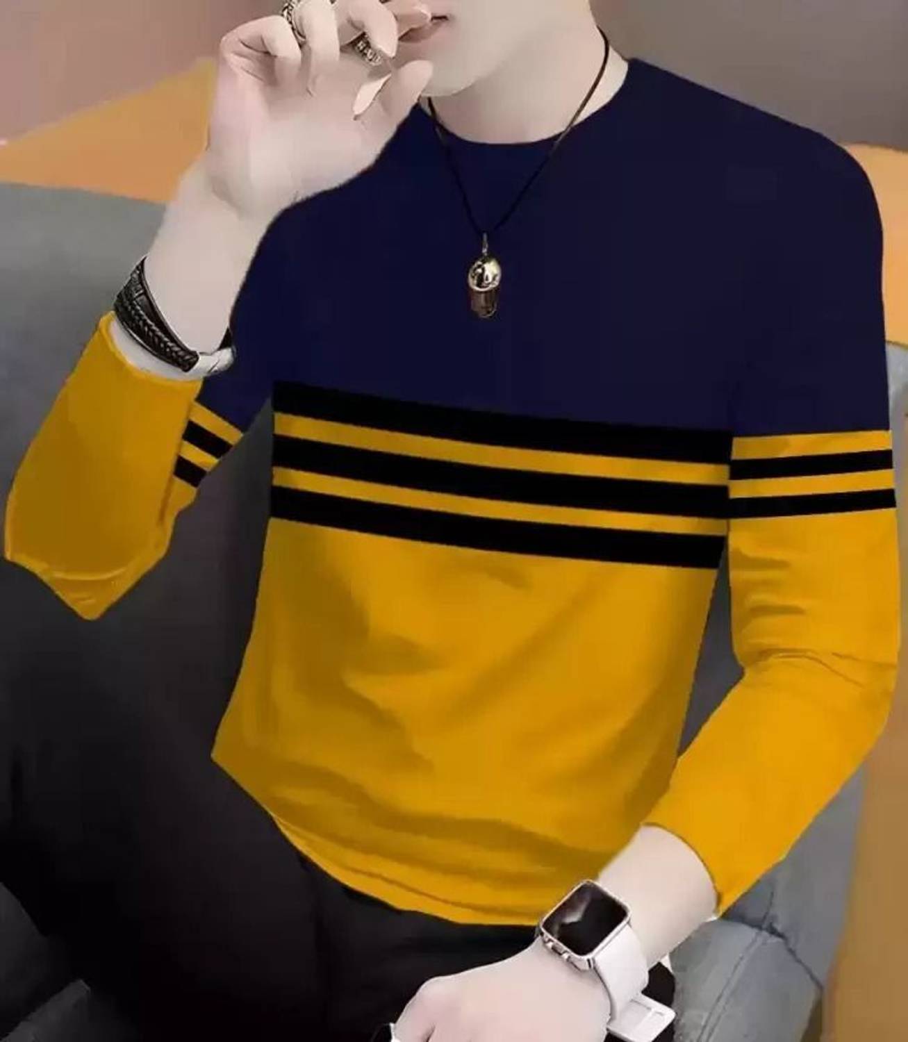KASPY Men Striped Round Neck Polyester Dark Blue, Yellow, Black T